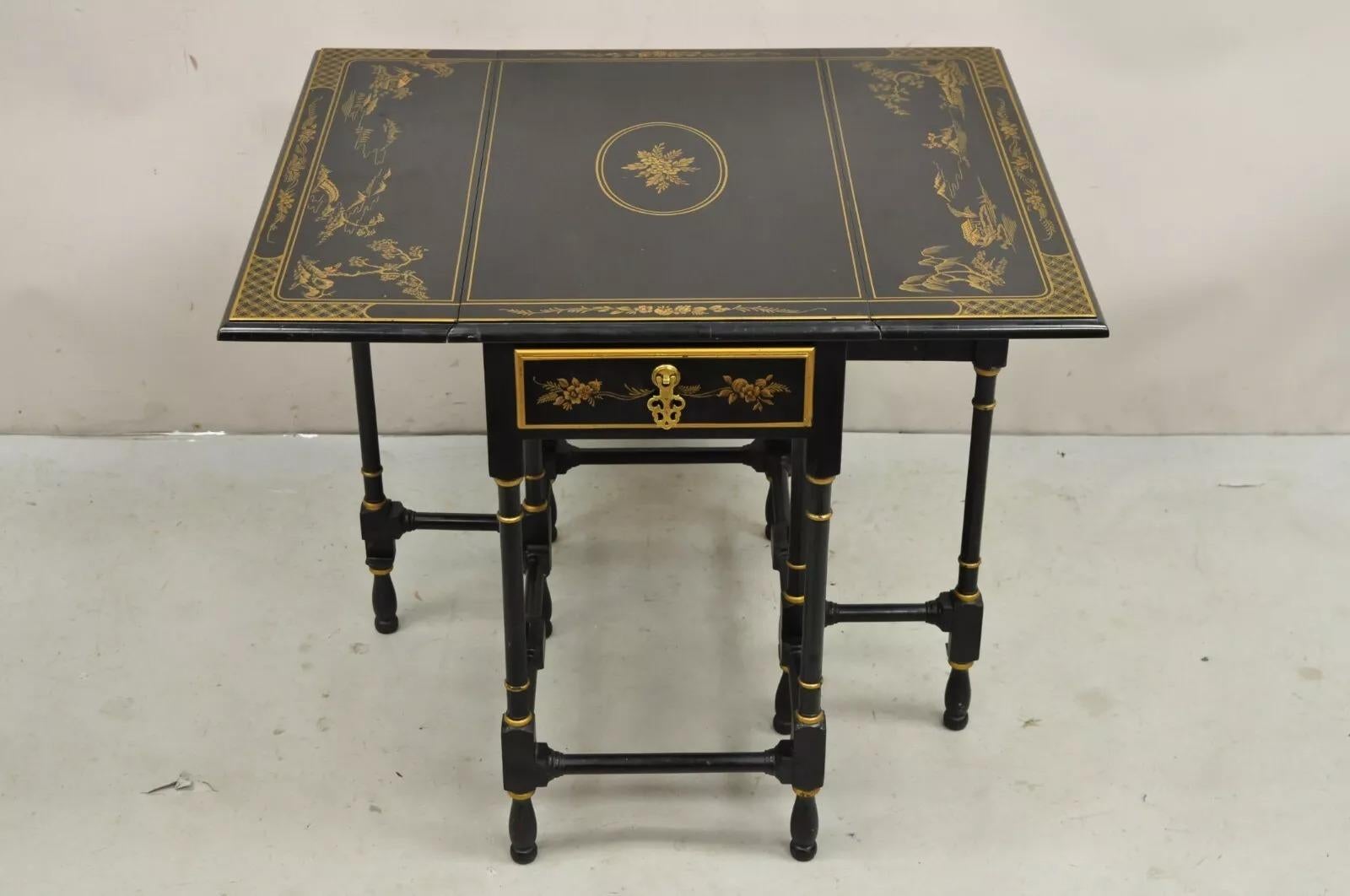 Petite table d'appoint Gateleg asiatique Chinoiserie laquée noire Drexel Et Cetera en vente 5