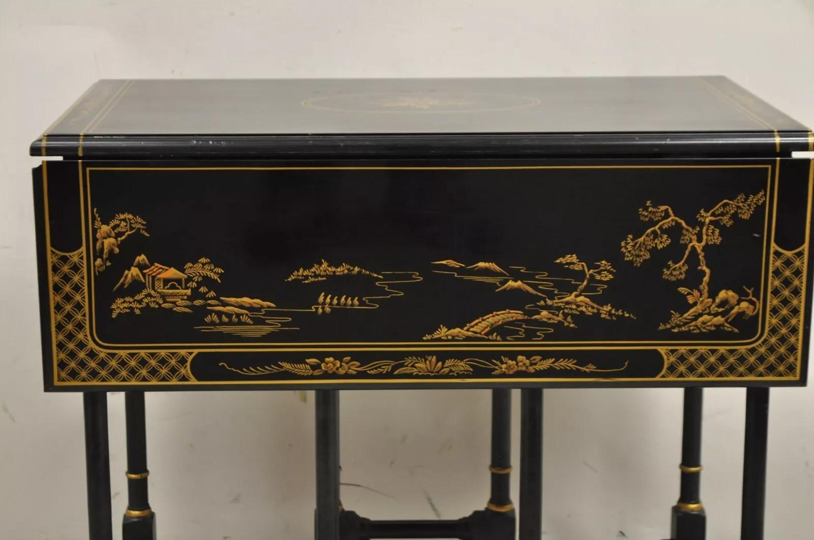 Petite table d'appoint Gateleg asiatique Chinoiserie laquée noire Drexel Et Cetera en vente 8