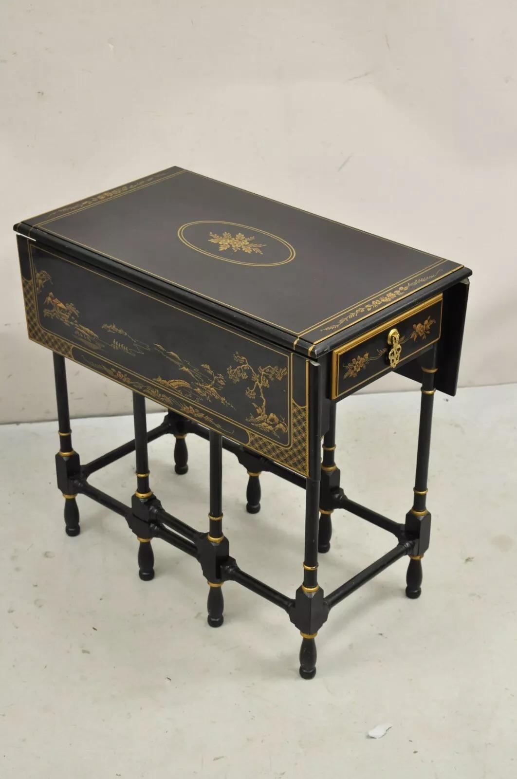 Petite table d'appoint Gateleg asiatique Chinoiserie laquée noire Drexel Et Cetera en vente 9