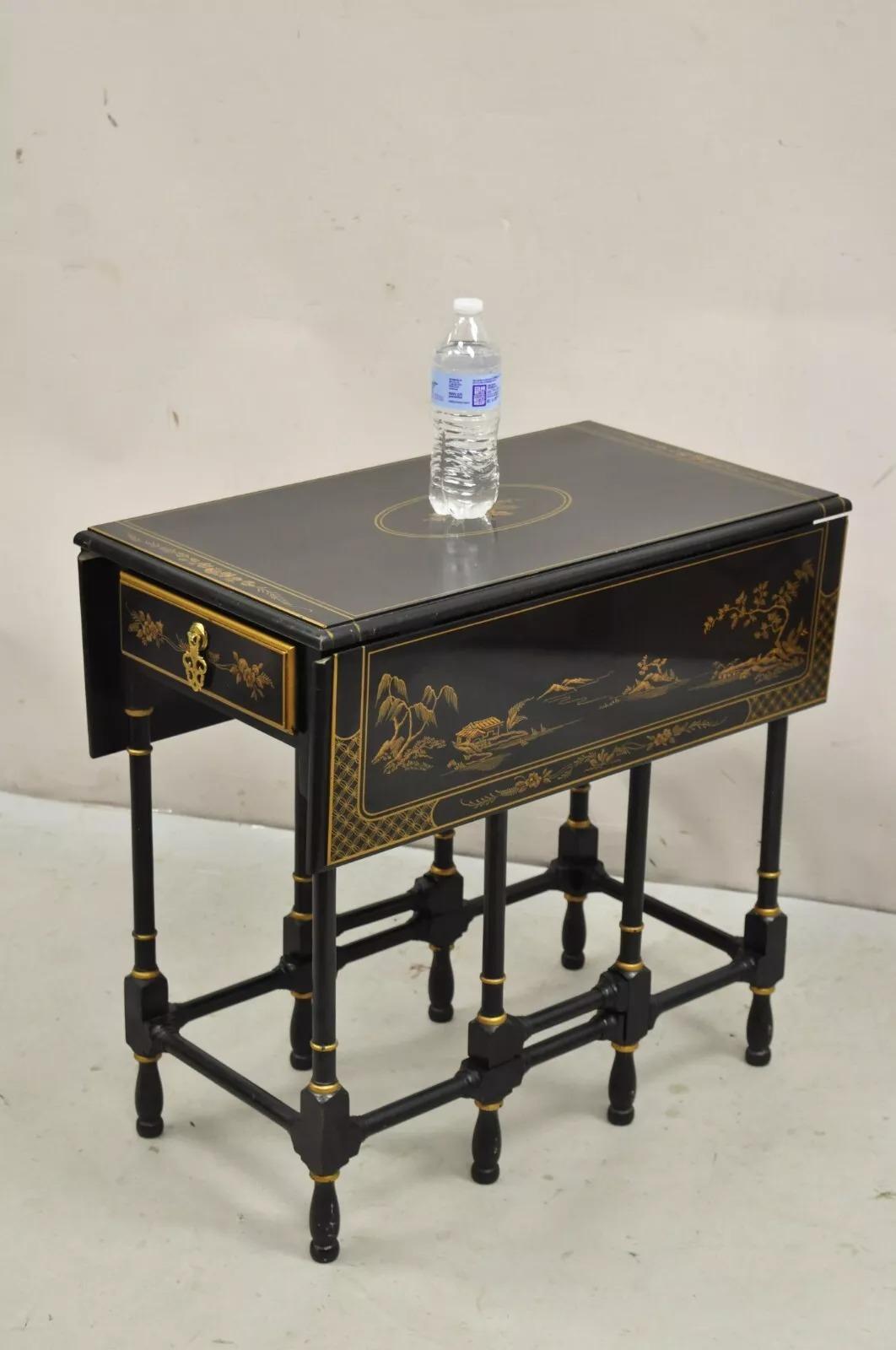 Drexel Et Cetera Asian Chinoiserie Black Lacquer Small Gateleg Side Table with 2 Dovetailed Drawers. Circa Mid 20th Century. Dimensions : 25