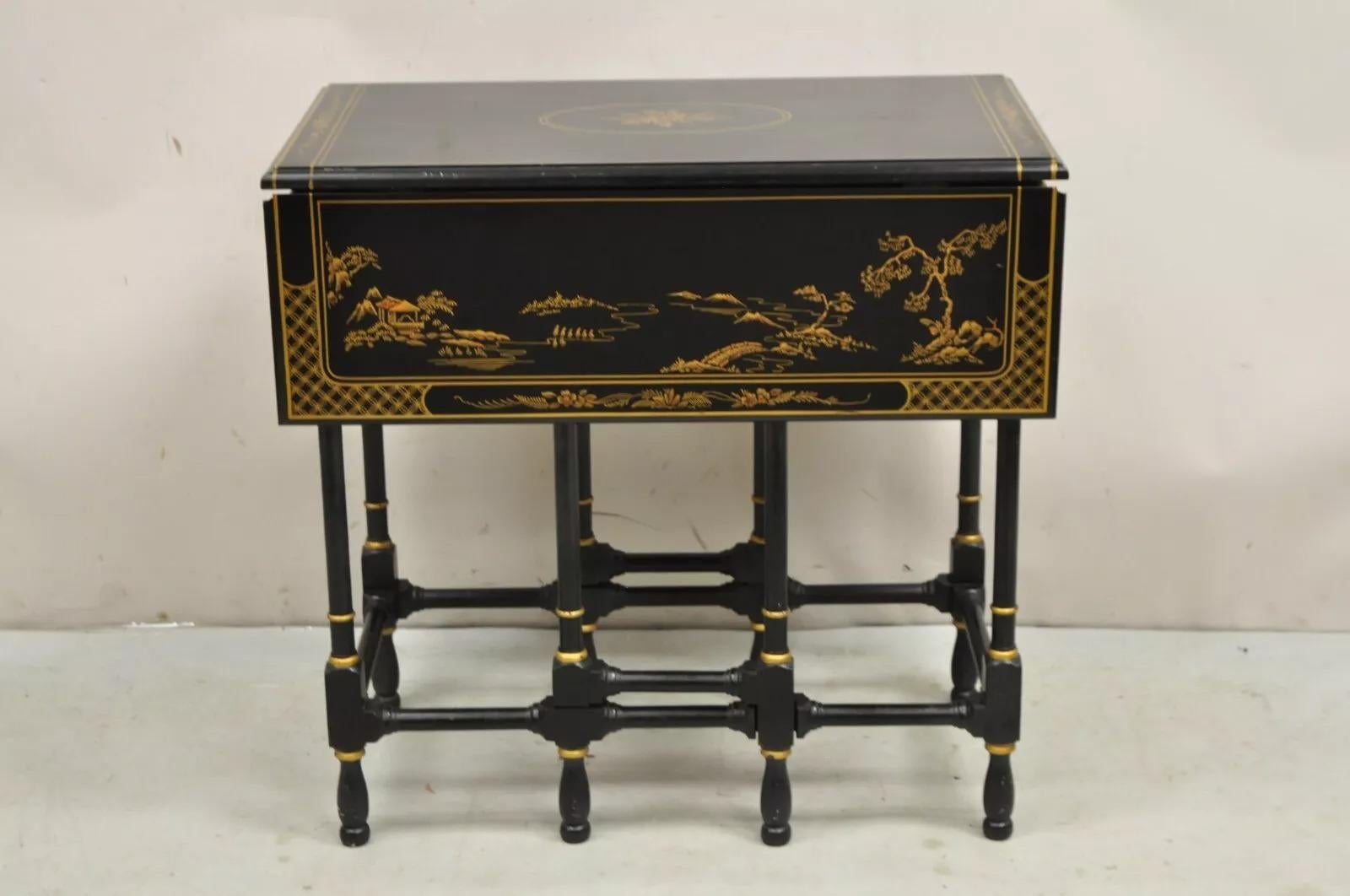 Chinoiseries Petite table d'appoint Gateleg asiatique Chinoiserie laquée noire Drexel Et Cetera en vente