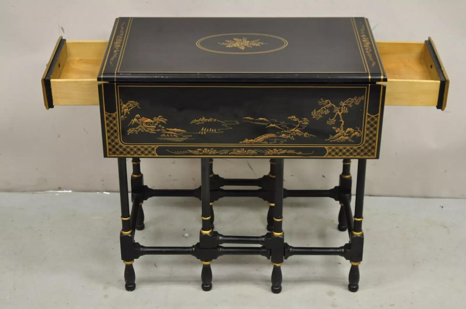 Inconnu Petite table d'appoint Gateleg asiatique Chinoiserie laquée noire Drexel Et Cetera en vente