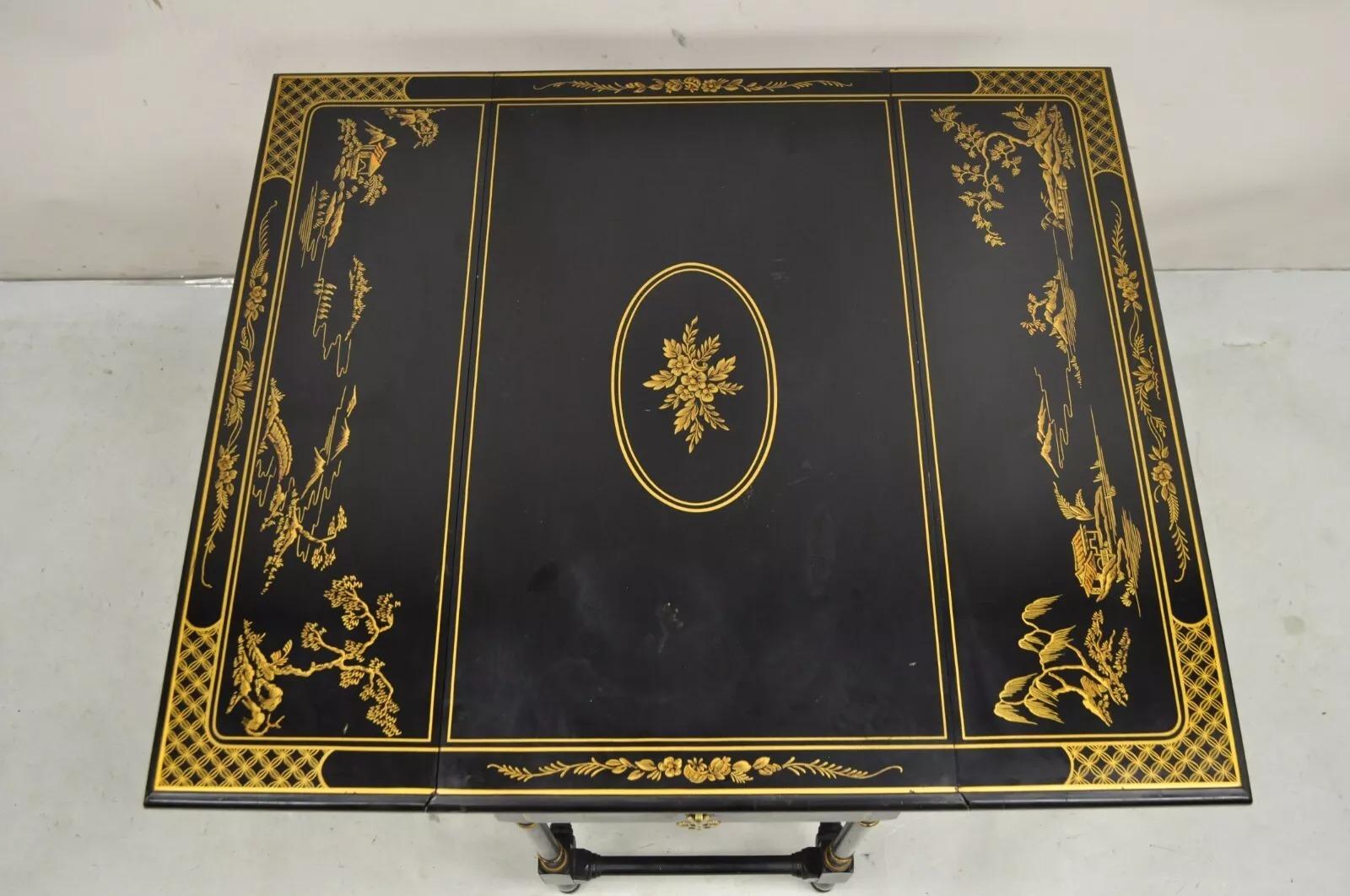20ième siècle Petite table d'appoint Gateleg asiatique Chinoiserie laquée noire Drexel Et Cetera en vente