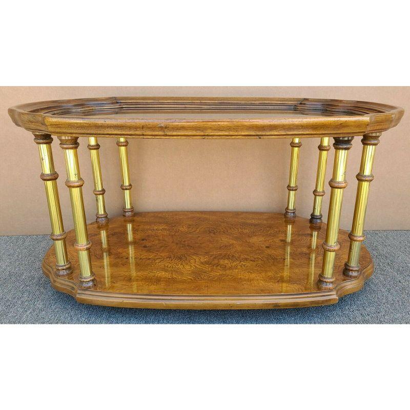 Offering One Of Our Recent Palm Beach Estate Fine Furniture Acquisitions Of A VTG French Provincial Drexel Et Cetera Rolling Burl Wood Glass Brass Coffee Cocktail Table

Featuring brass and wood supports and a glass top that does not fall