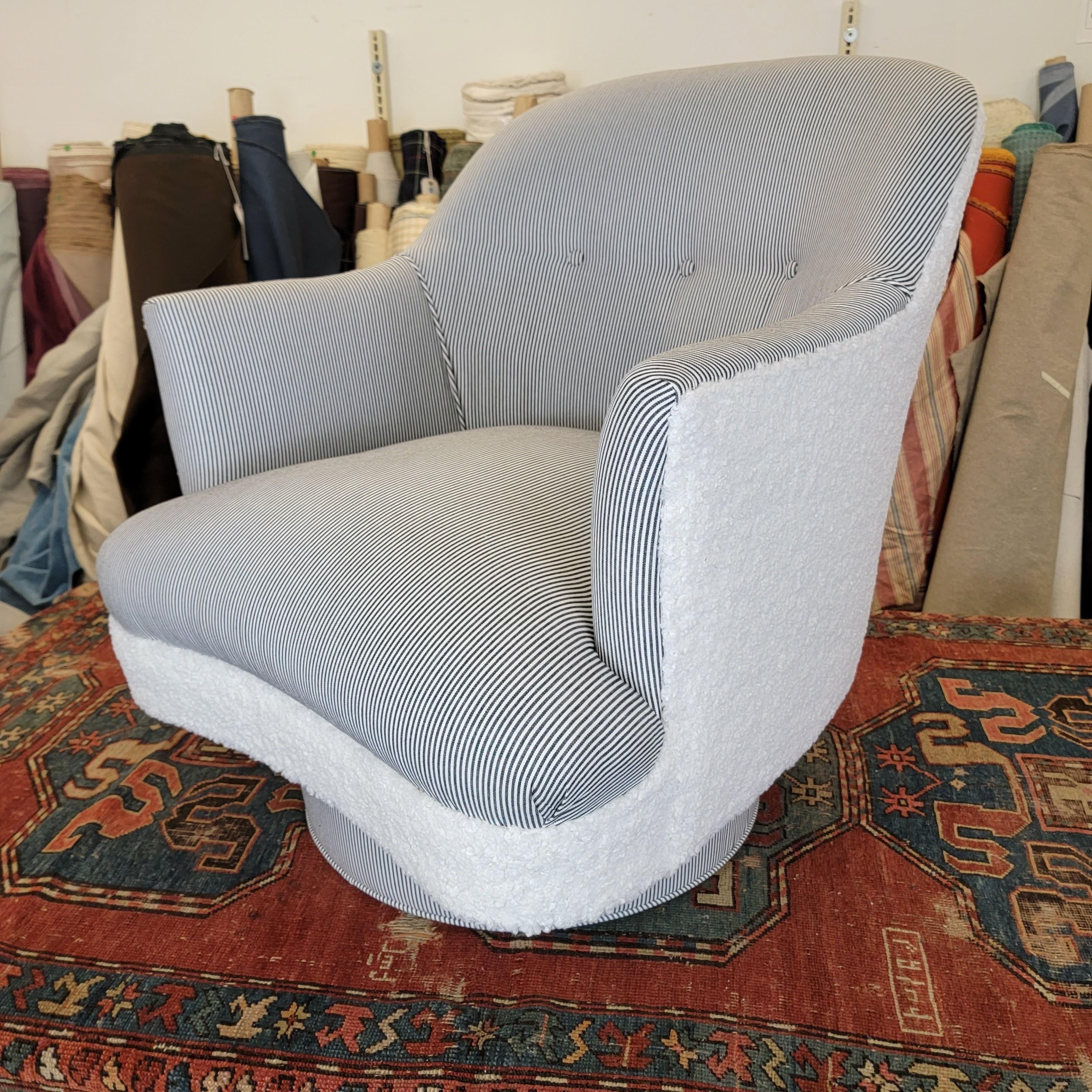 Drexel Faux Shearling /Ticking Swivel Chair In Good Condition For Sale In Wilton, CT