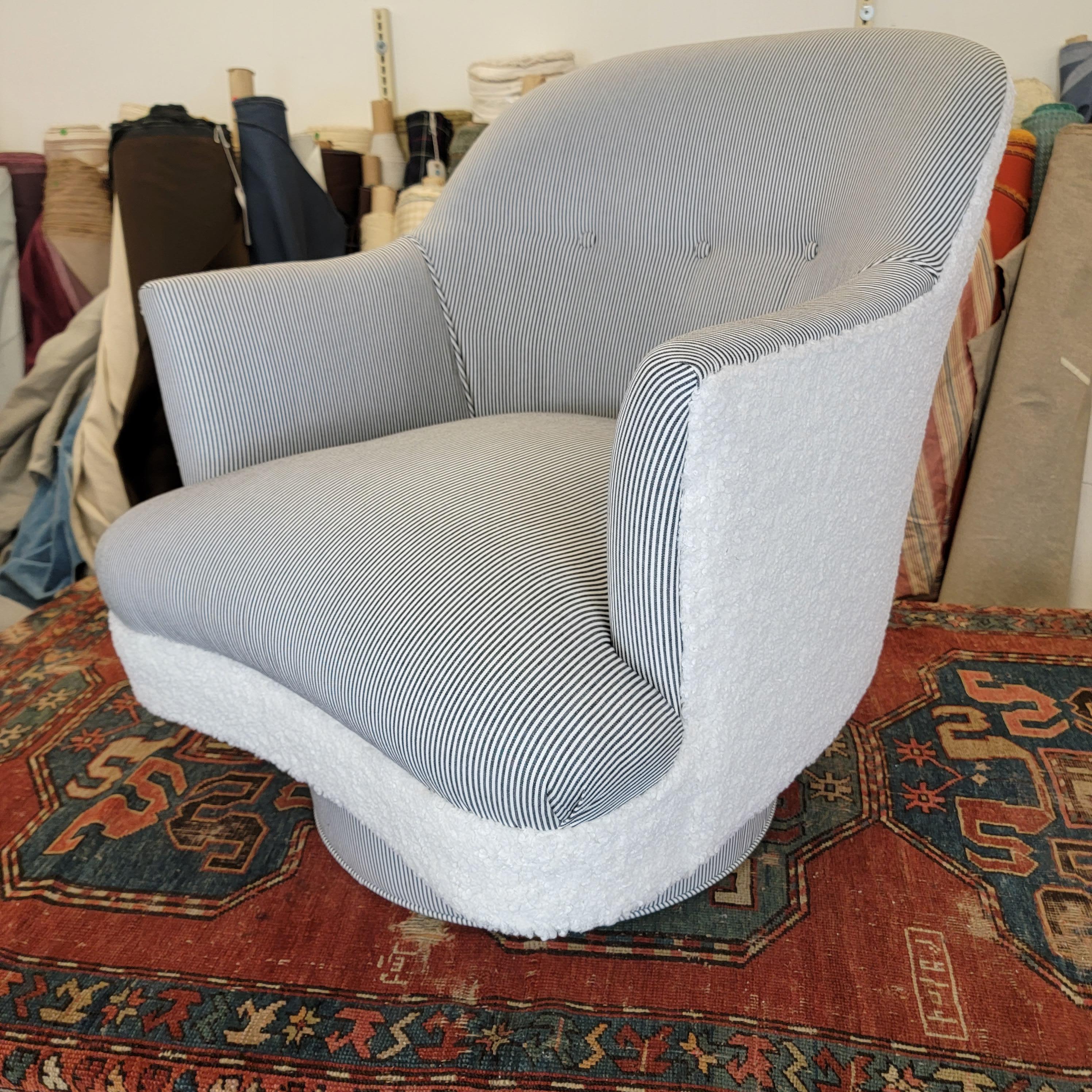 Textile Drexel Faux Shearling /Ticking Swivel Chair For Sale