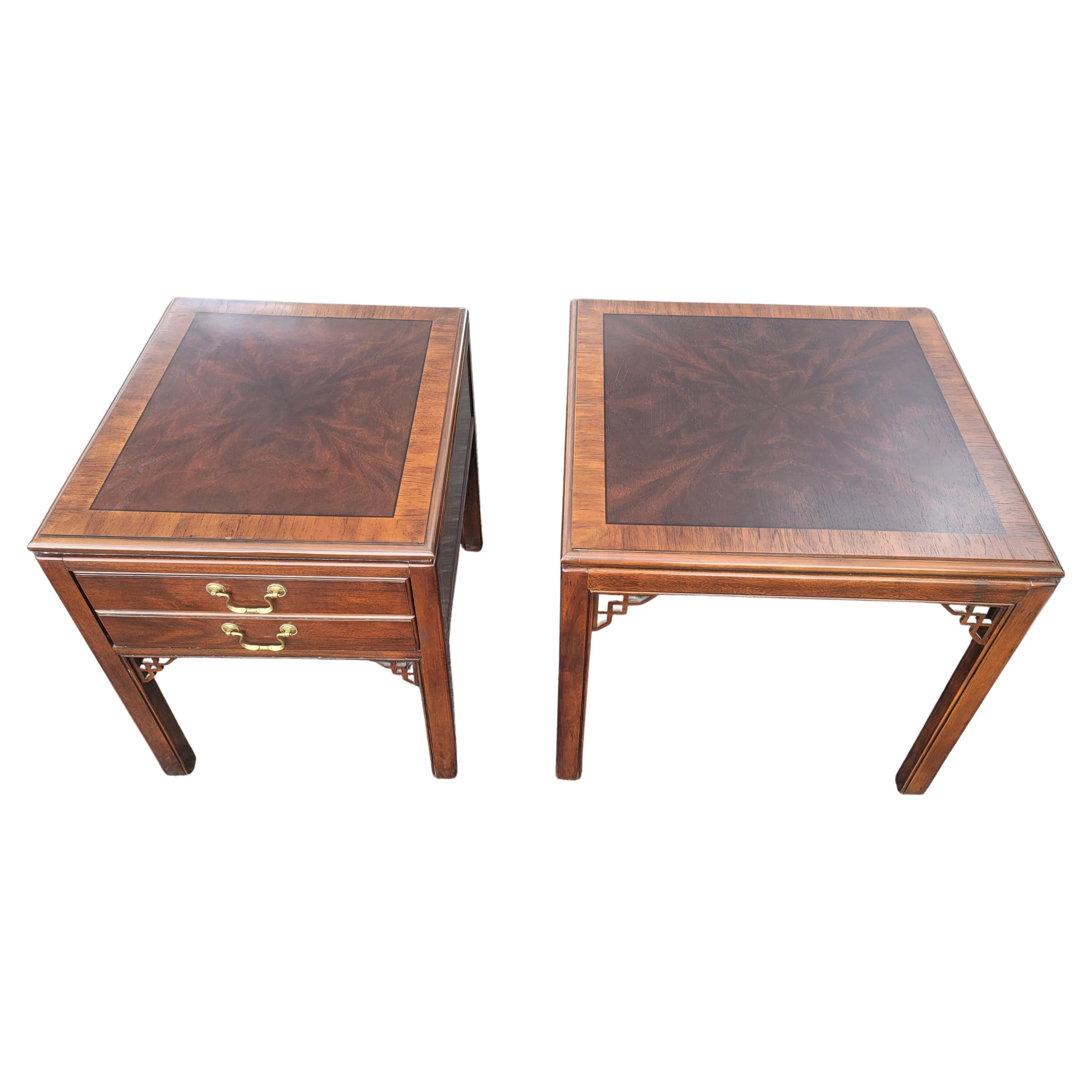 Beautiful Chippendale flame Mahogany side table with banded top. One table Features one large drawer with with two drop down drawer pulls. The second table is larger and without drawer. 
Table with drawer Measures 22