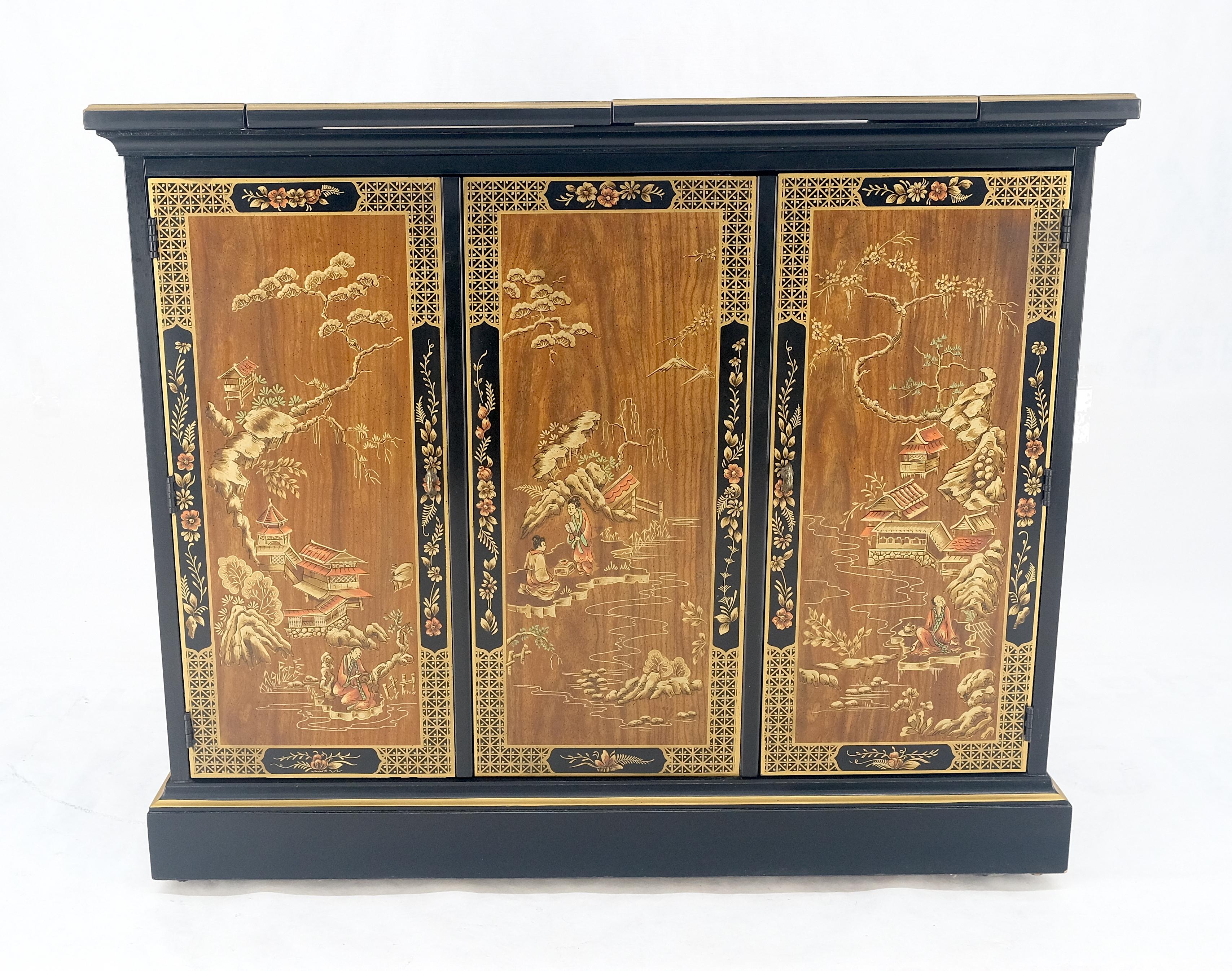 American Drexel Flip Top Serving Sideboard Bar on Wheels Chinoiserie Style Black Lacquer For Sale