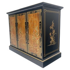 Drexel Flip Top Serving Sideboard Bar on Wheels Chinoiserie Style Black Lacquer