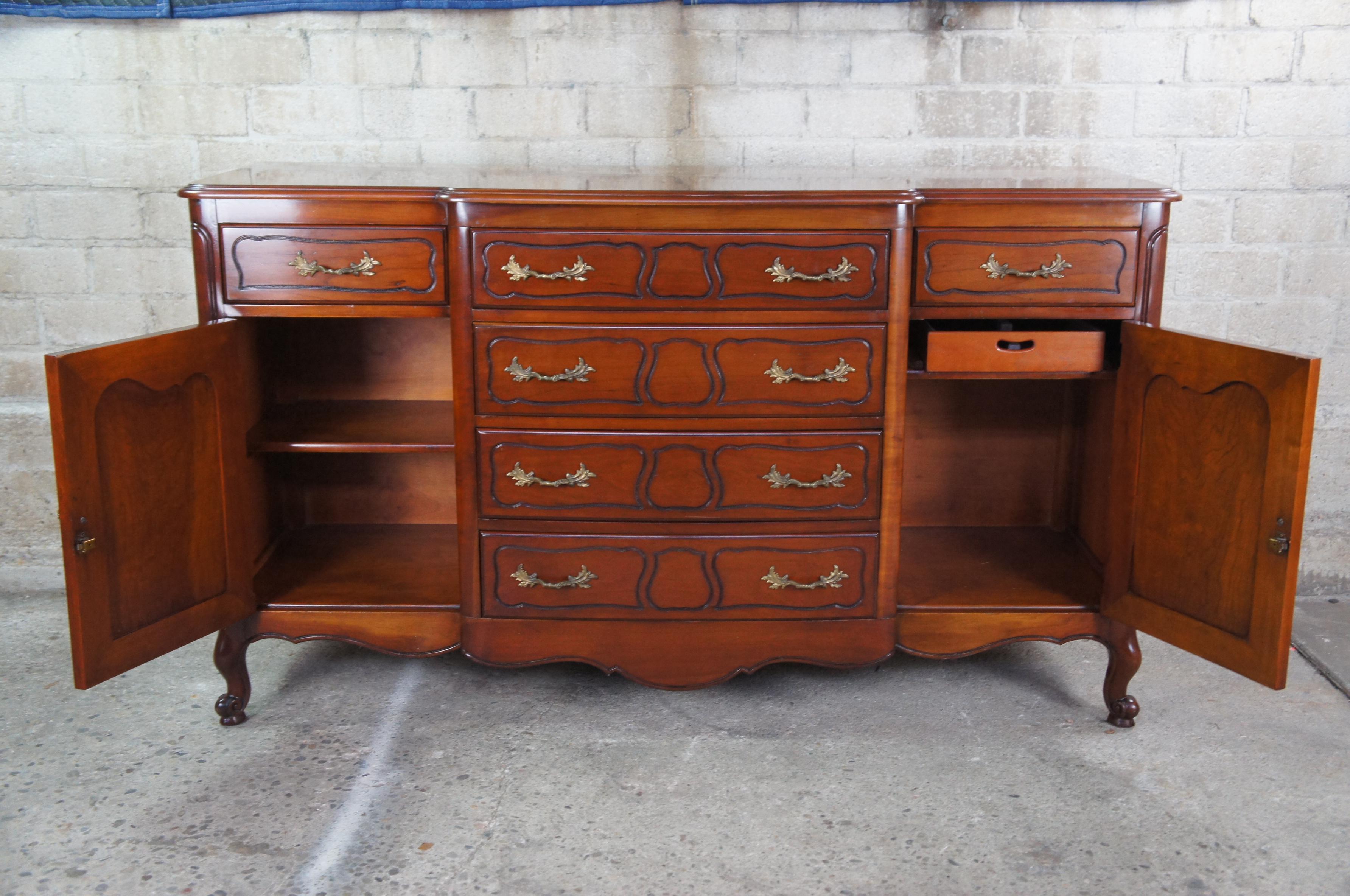 Late 20th Century Drexel French Provincial Cherry Buffet Sideboard Breakfront Console Server