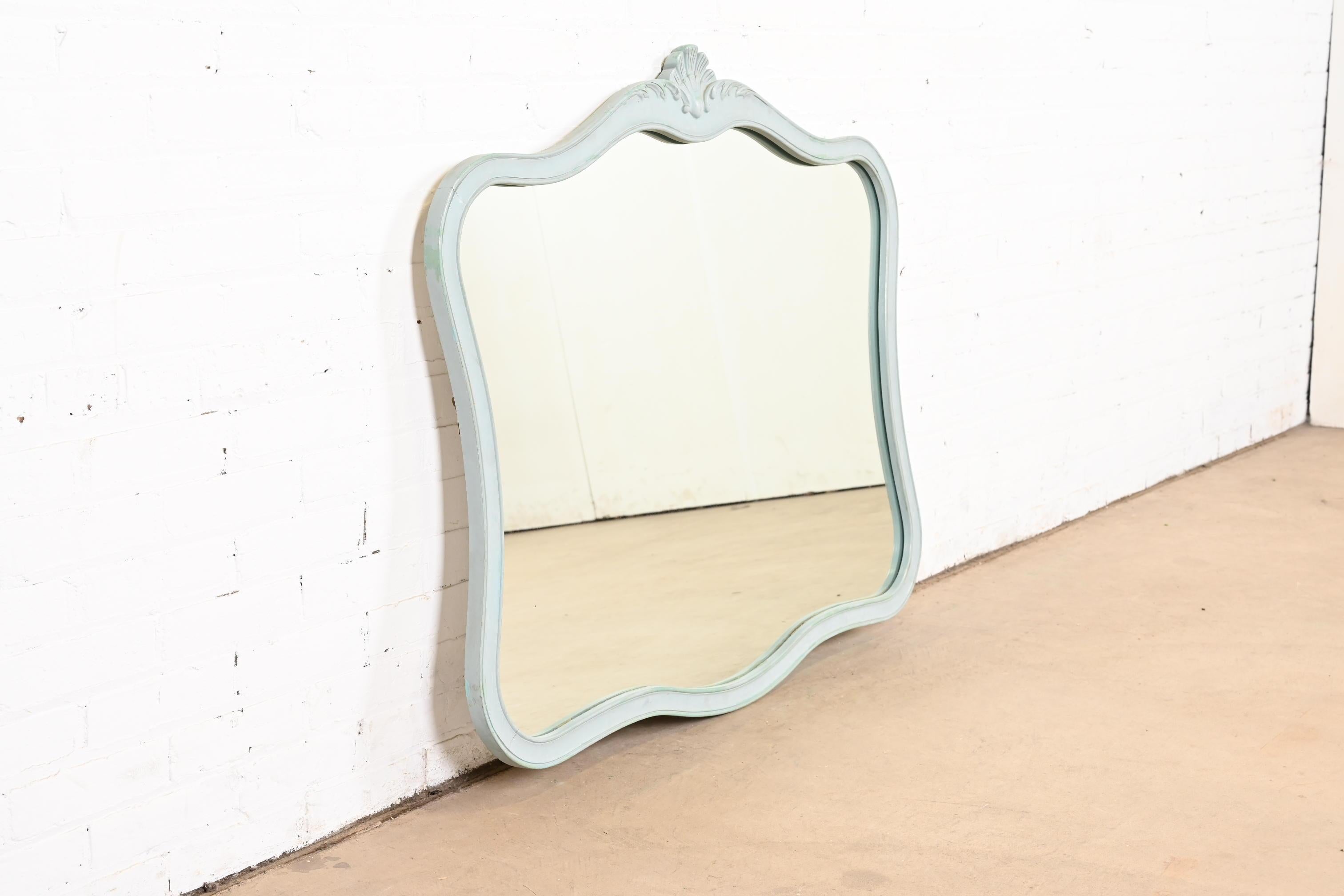 American Drexel French Provincial Louis XV Baby Blue Painted Framed Wall Mirror, 1960s For Sale