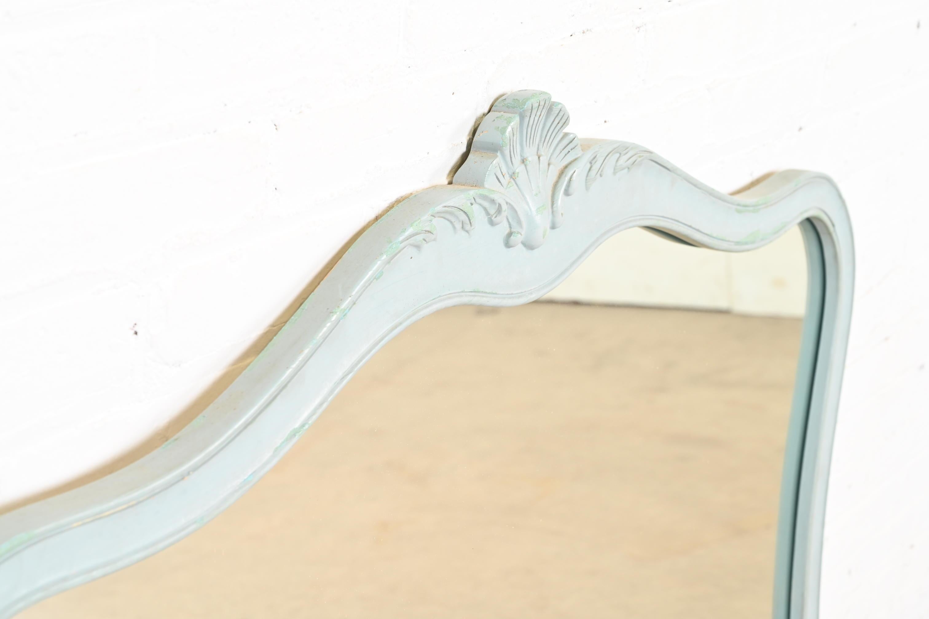 Drexel French Provincial Louis XV Baby Blue Painted Framed Wall Mirror, 1960s In Good Condition For Sale In South Bend, IN
