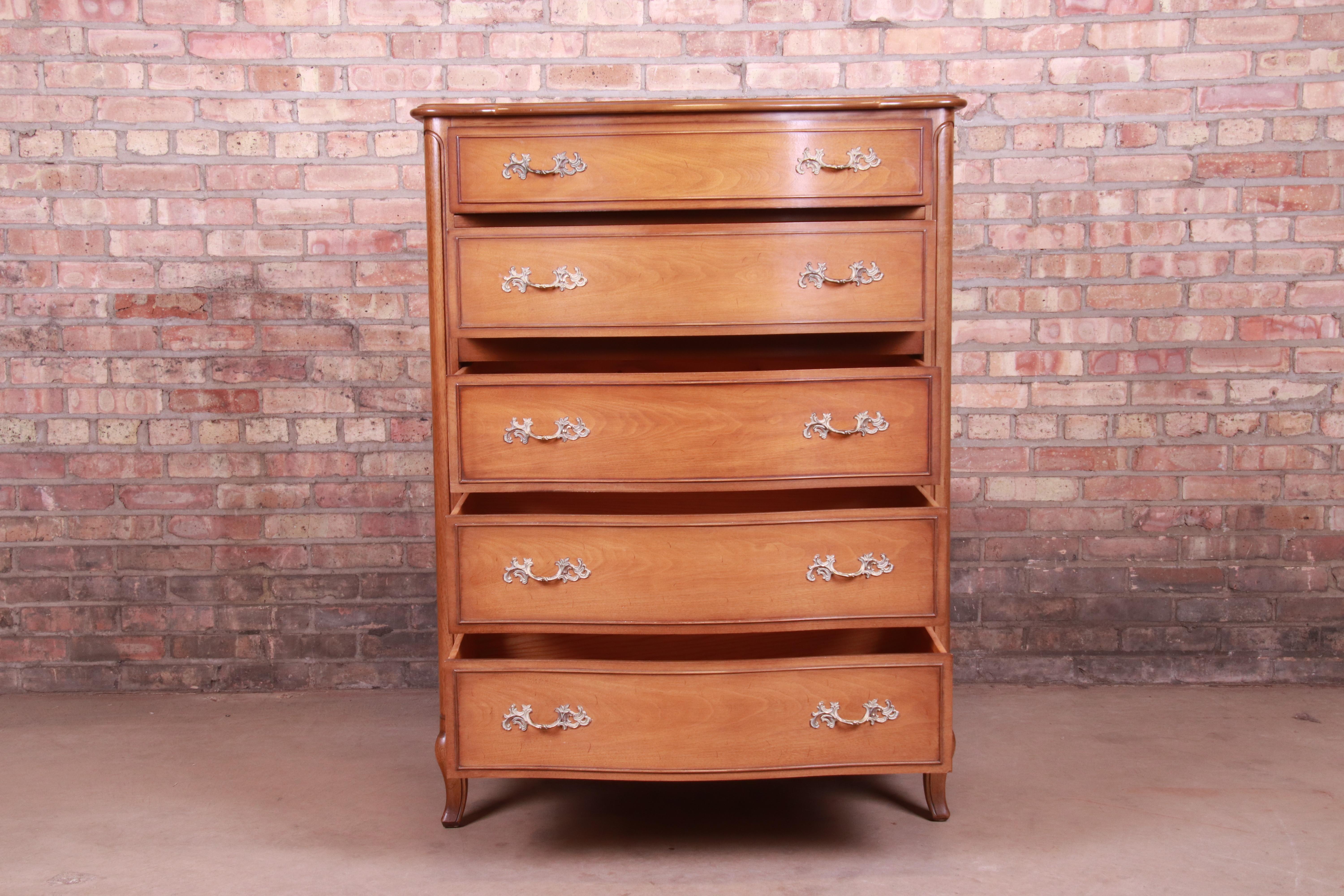 American Drexel French Provincial Louis XV Carved Walnut Highboy Dresser, circa 1950s