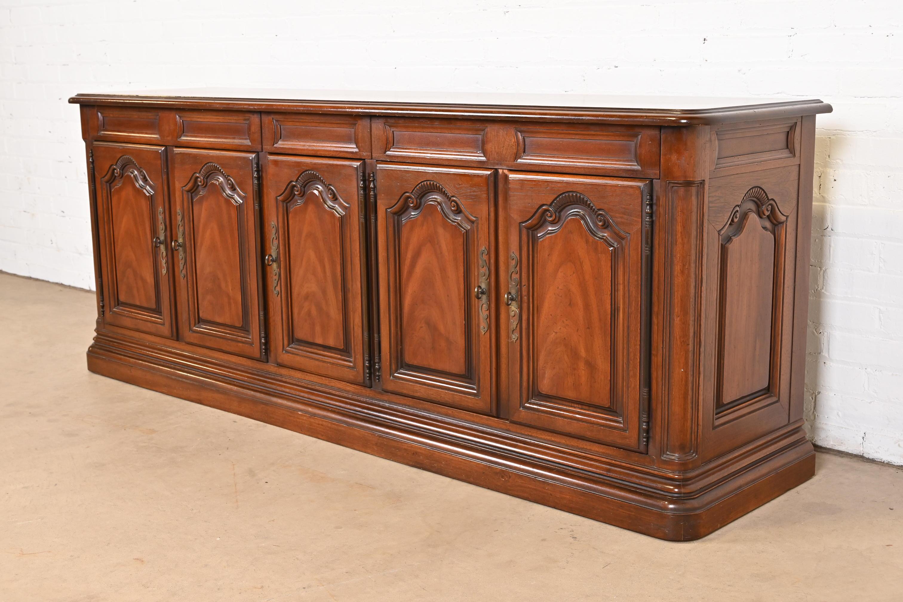American Drexel French Provincial Louis XV Carved Walnut Sideboard or Bar Cabinet For Sale