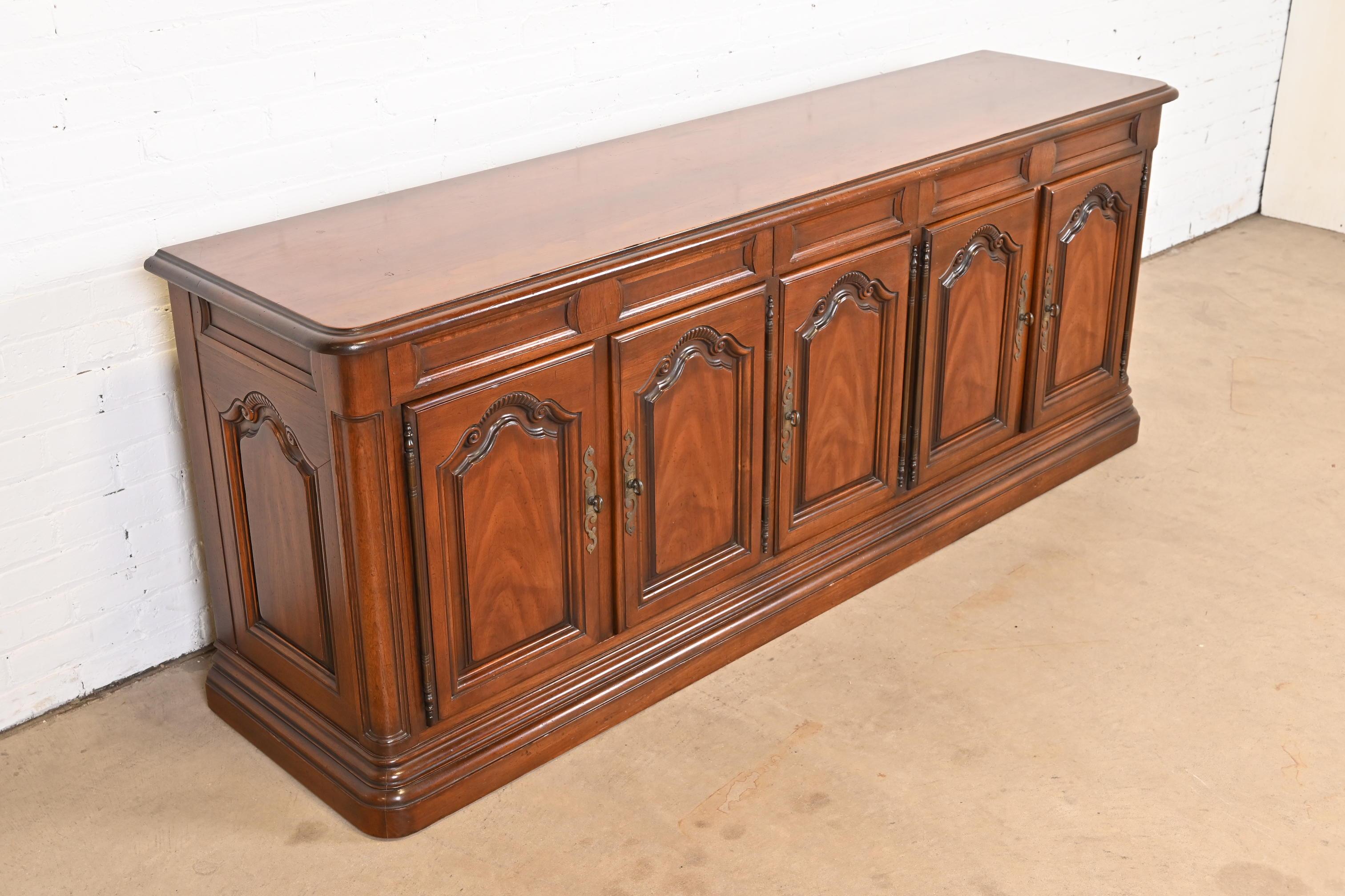 Brass Drexel French Provincial Louis XV Carved Walnut Sideboard or Bar Cabinet For Sale