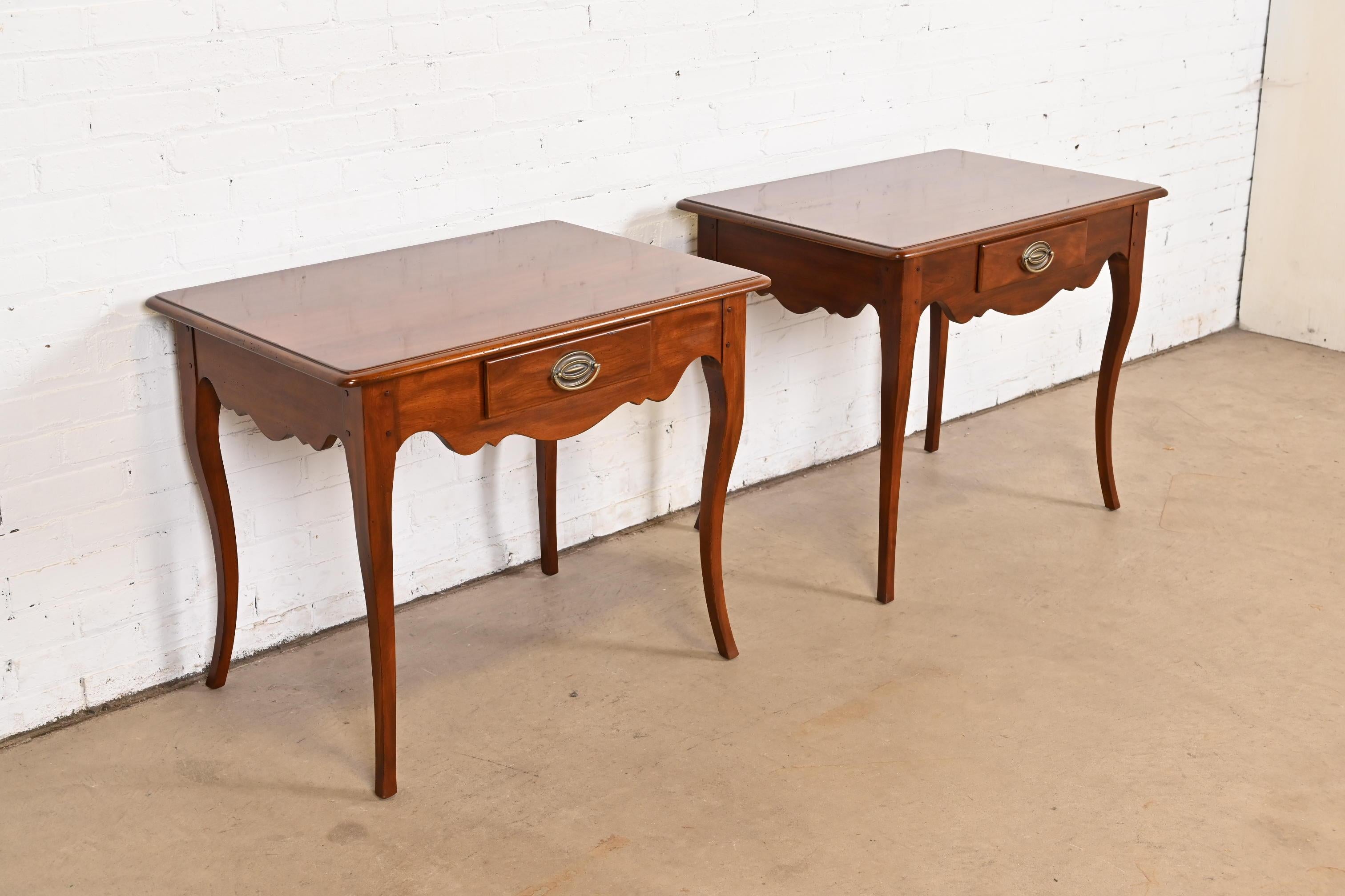 20th Century Drexel French Provincial Louis XV Cherry Wood Nightstands or Side Tables, Pair