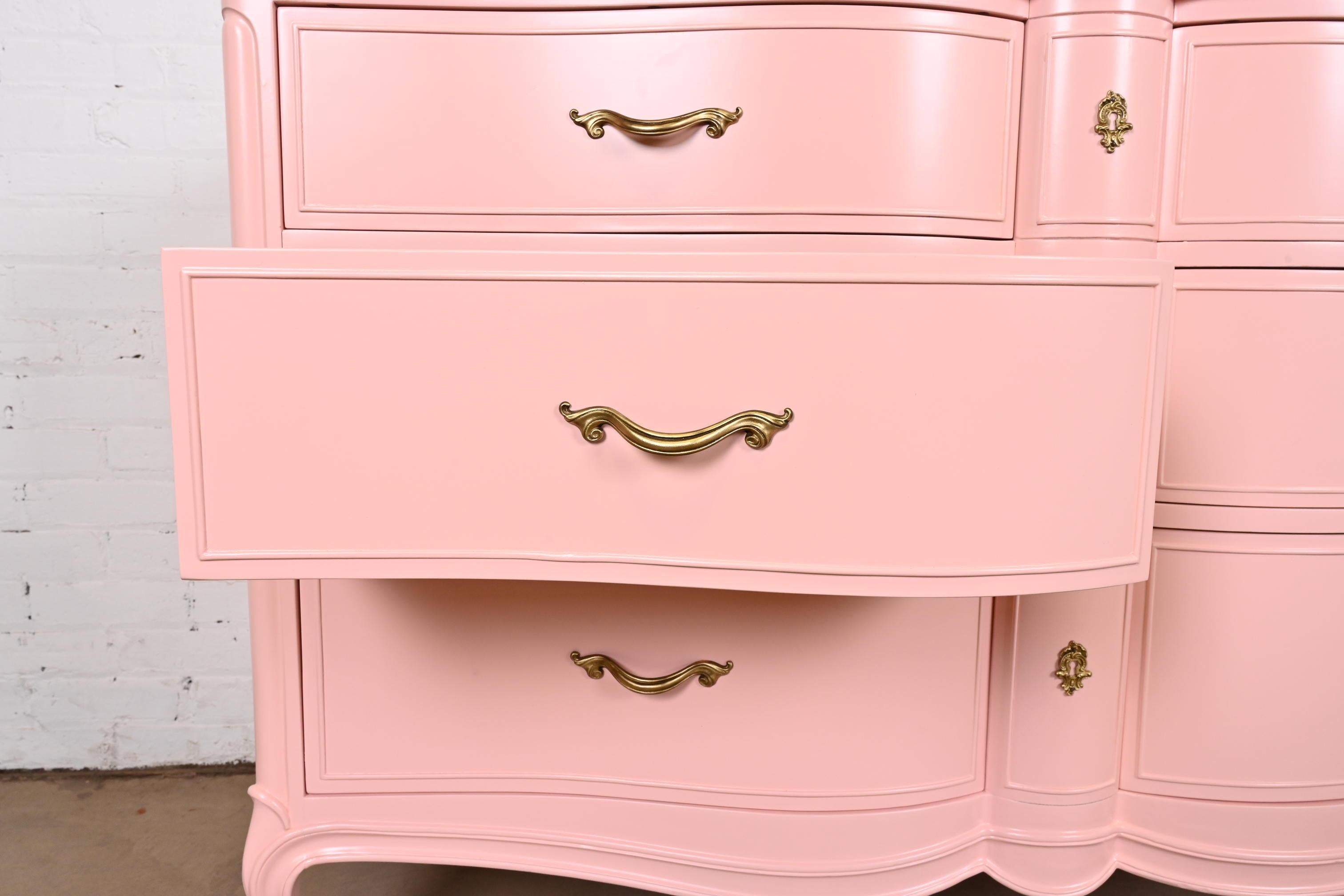Drexel French Provincial Louis XV Pink Lacquered Dresser, Newly Refinished For Sale 4