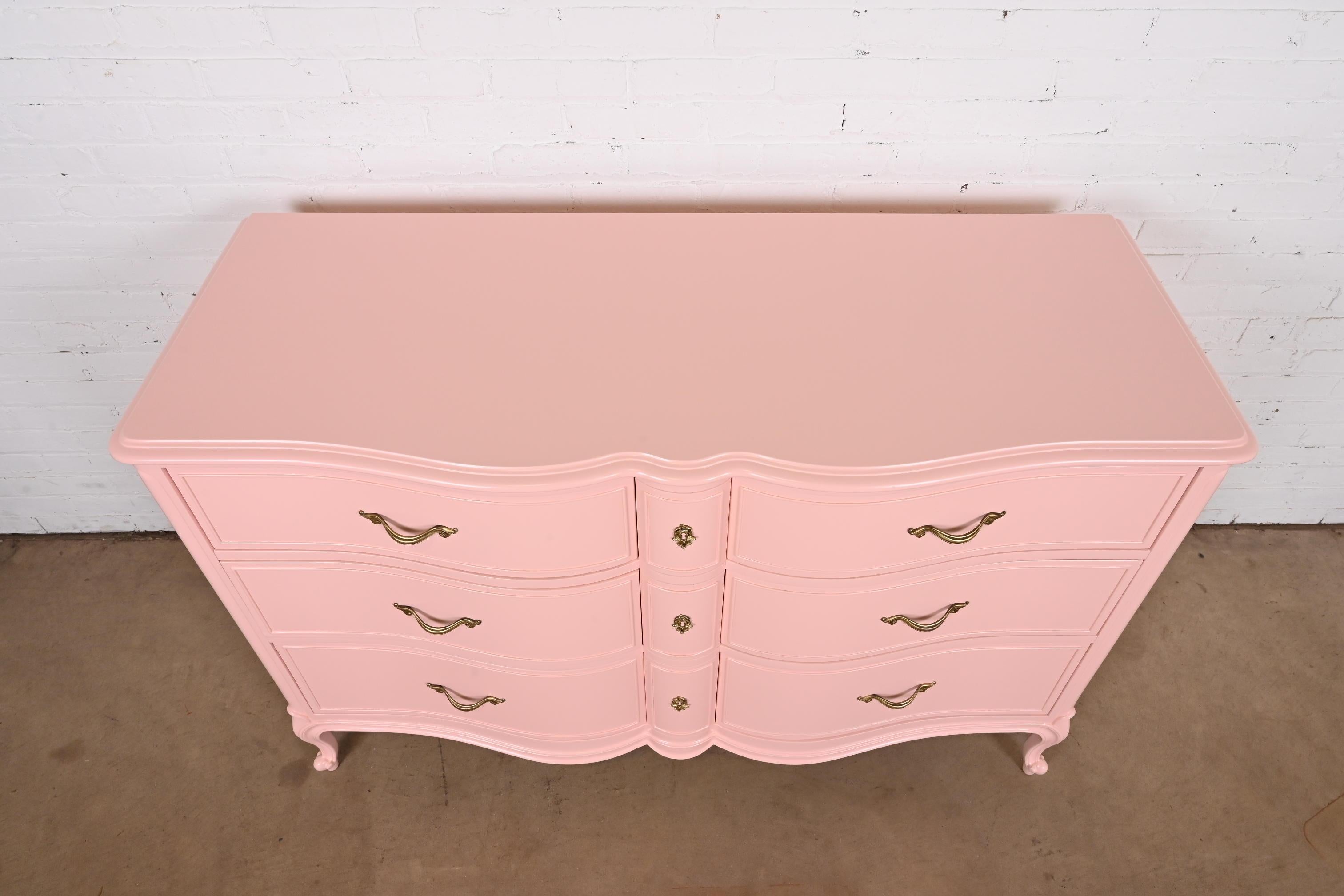 Drexel French Provincial Louis XV Pink Lacquered Dresser, Newly Refinished For Sale 7