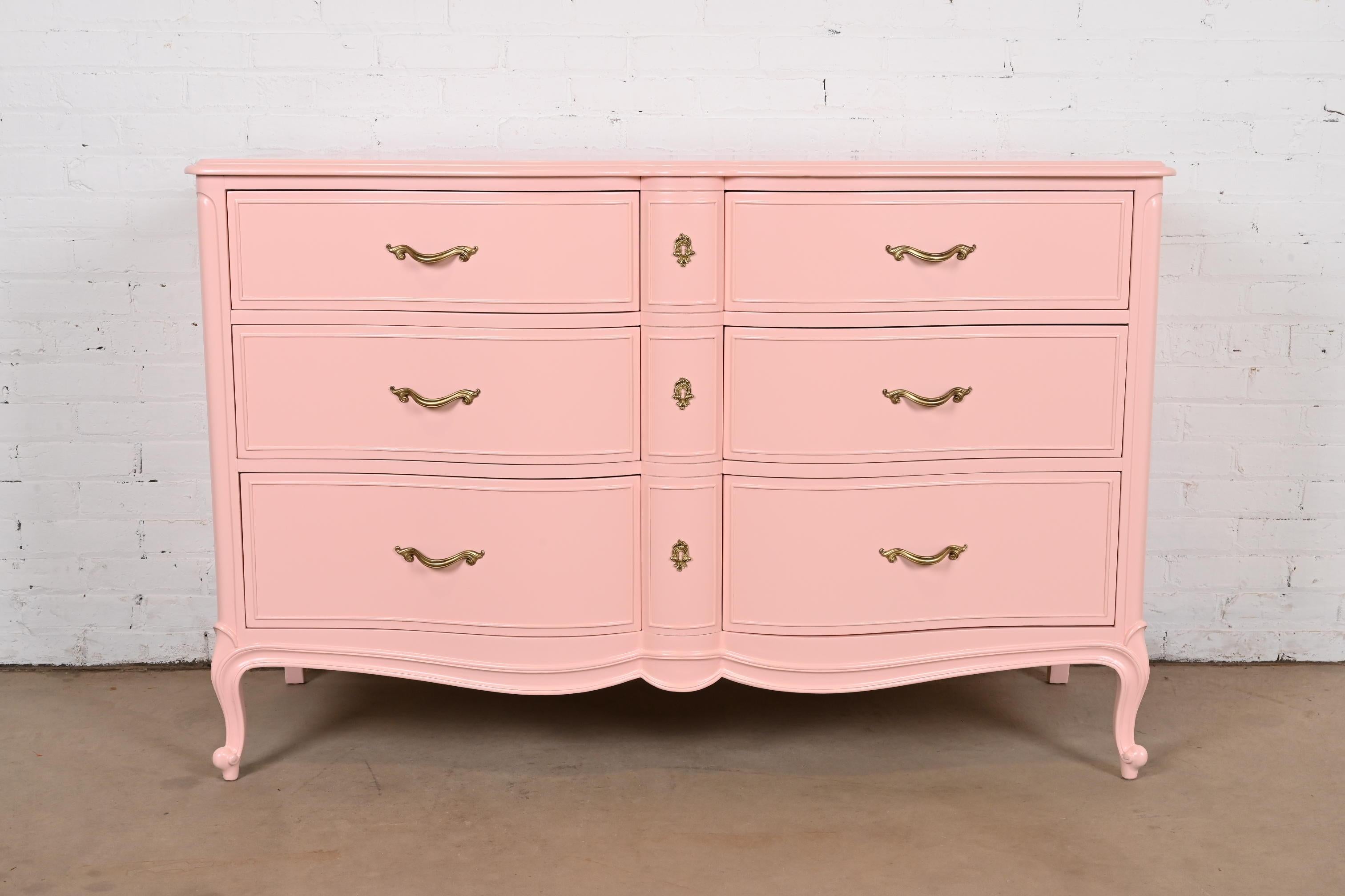 American Drexel French Provincial Louis XV Pink Lacquered Dresser, Newly Refinished For Sale
