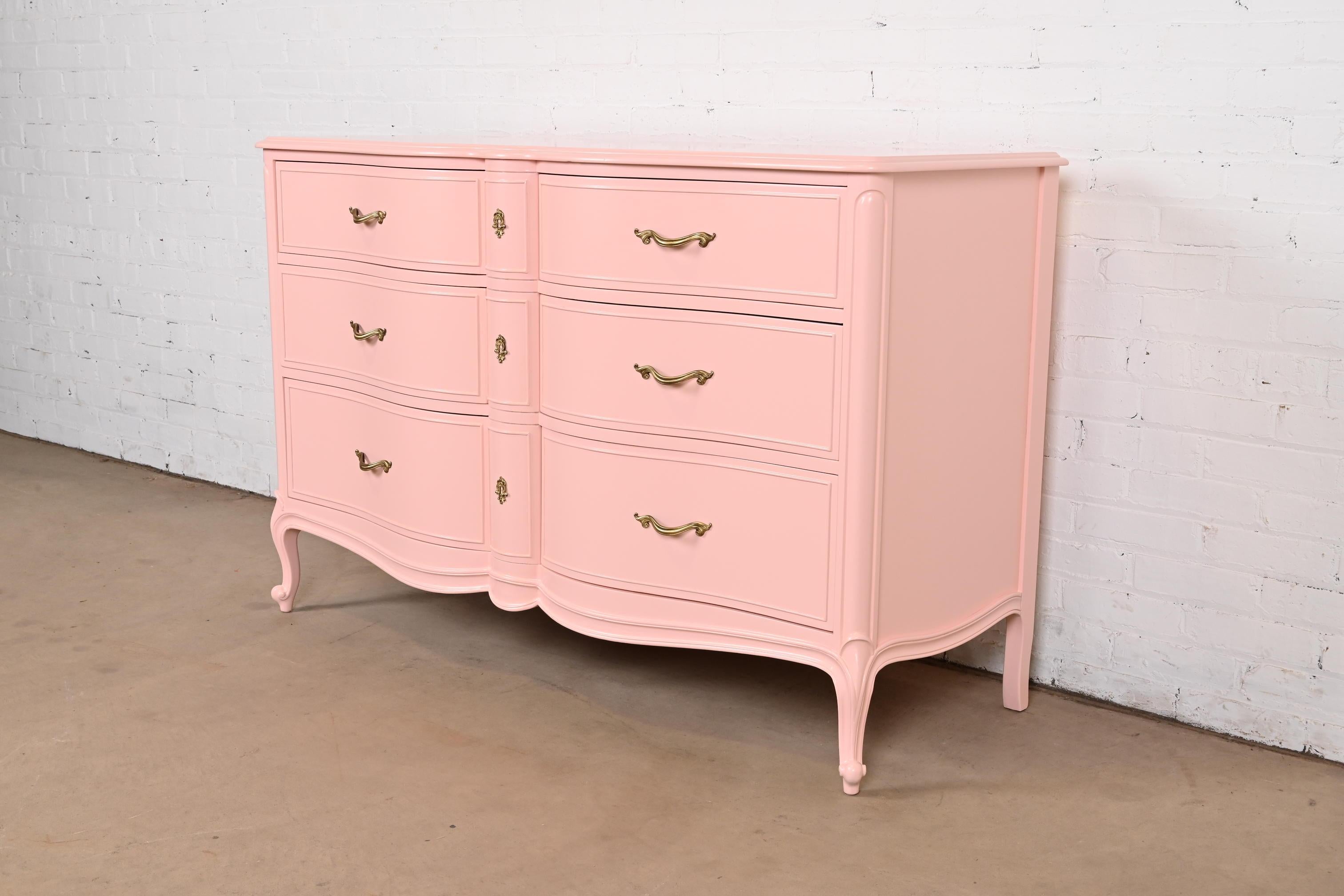 Mid-20th Century Drexel French Provincial Louis XV Pink Lacquered Dresser, Newly Refinished For Sale