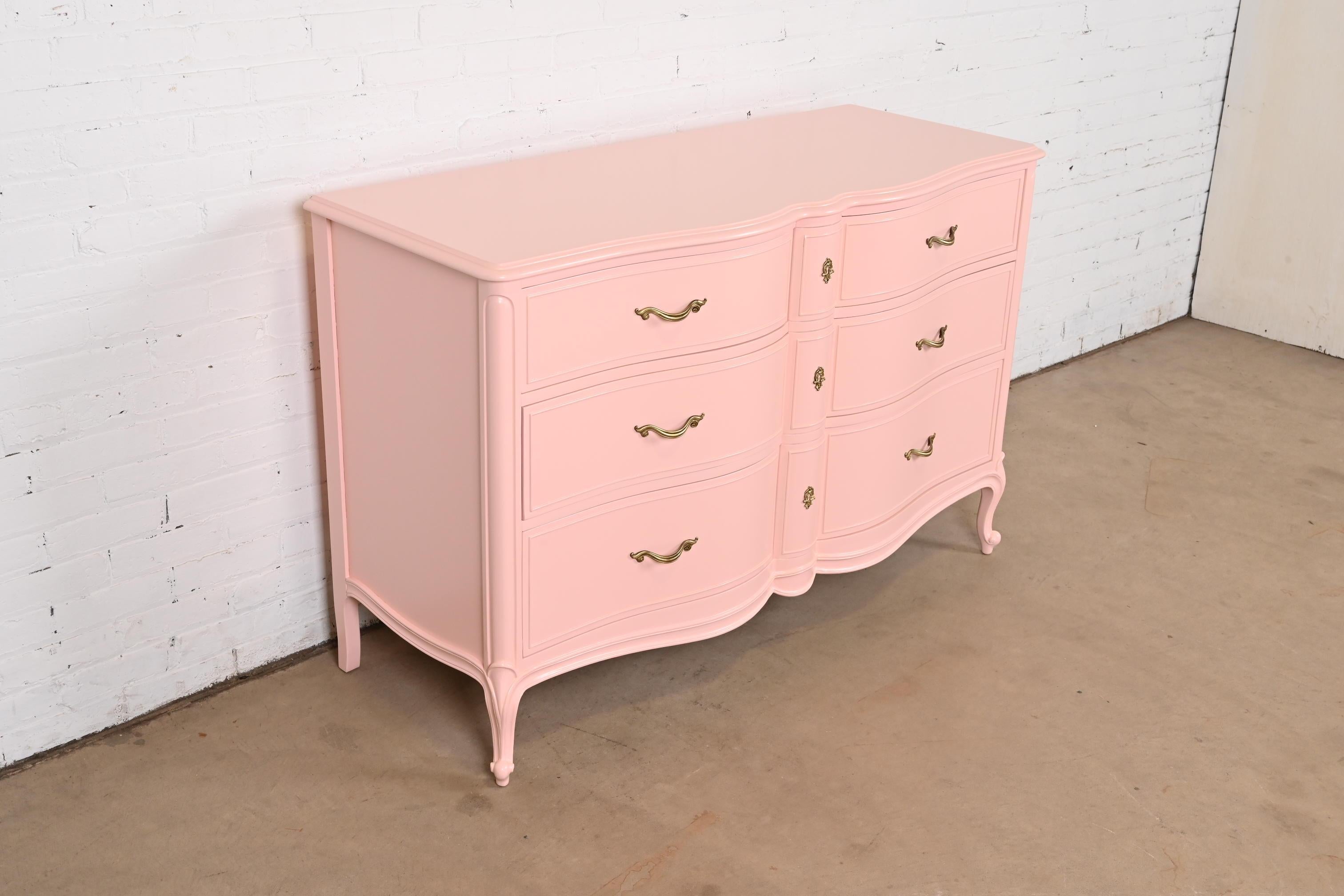 Brass Drexel French Provincial Louis XV Pink Lacquered Dresser, Newly Refinished For Sale