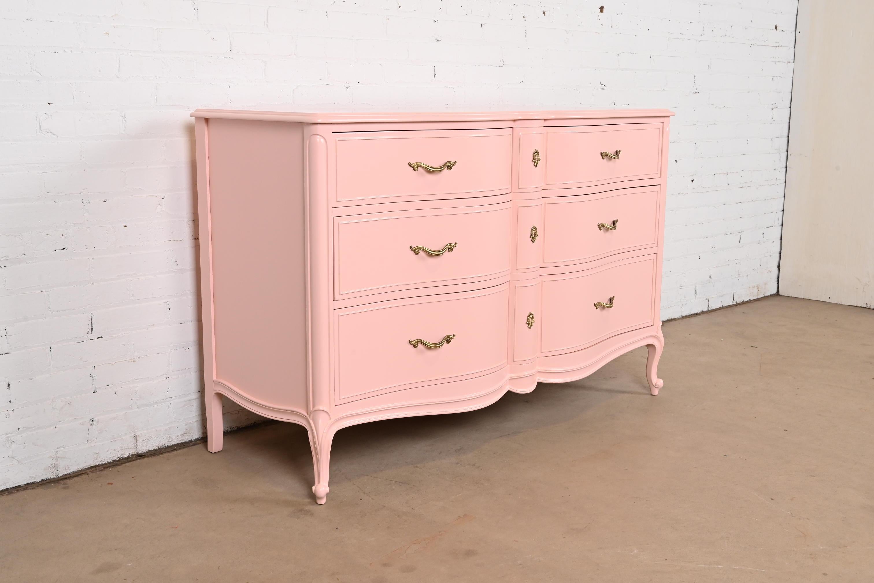 Drexel French Provincial Louis XV Pink Lacquered Dresser, Newly Refinished For Sale 1
