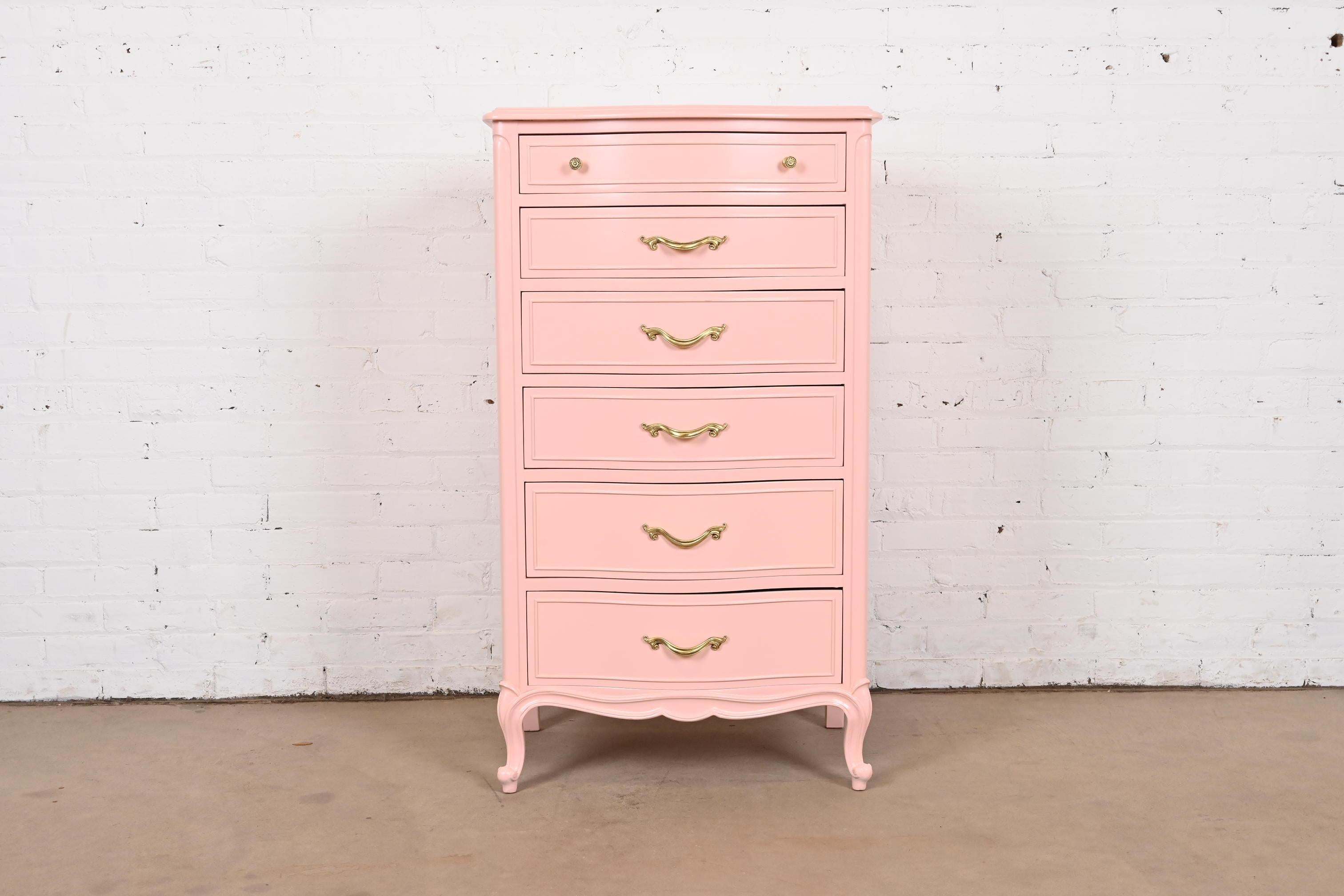 American Drexel French Provincial Louis XV Pink Lacquered Lingerie Chest or Semainier For Sale