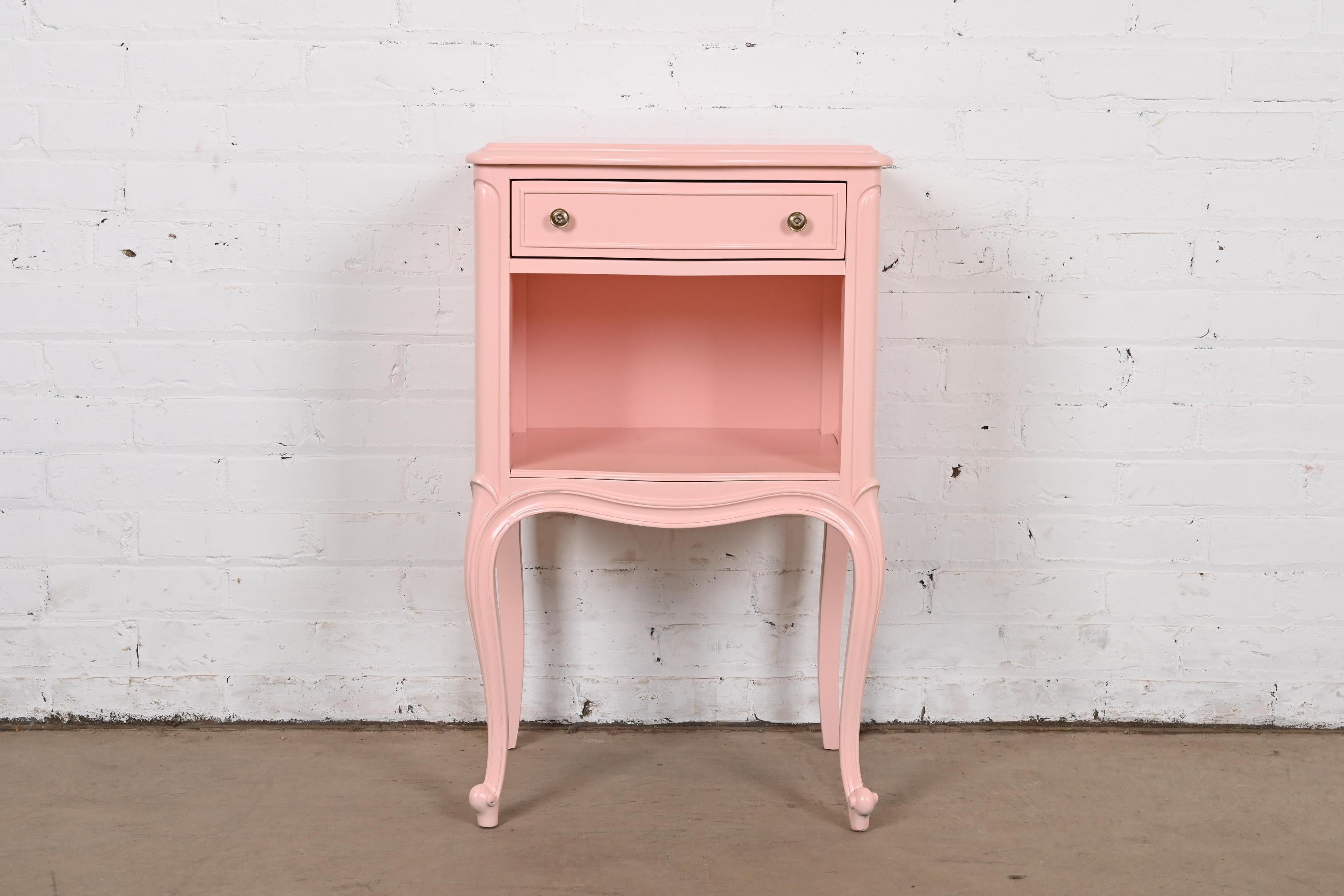 American Drexel French Provincial Louis XV Pink Lacquered Nightstand, Newly Refinished For Sale