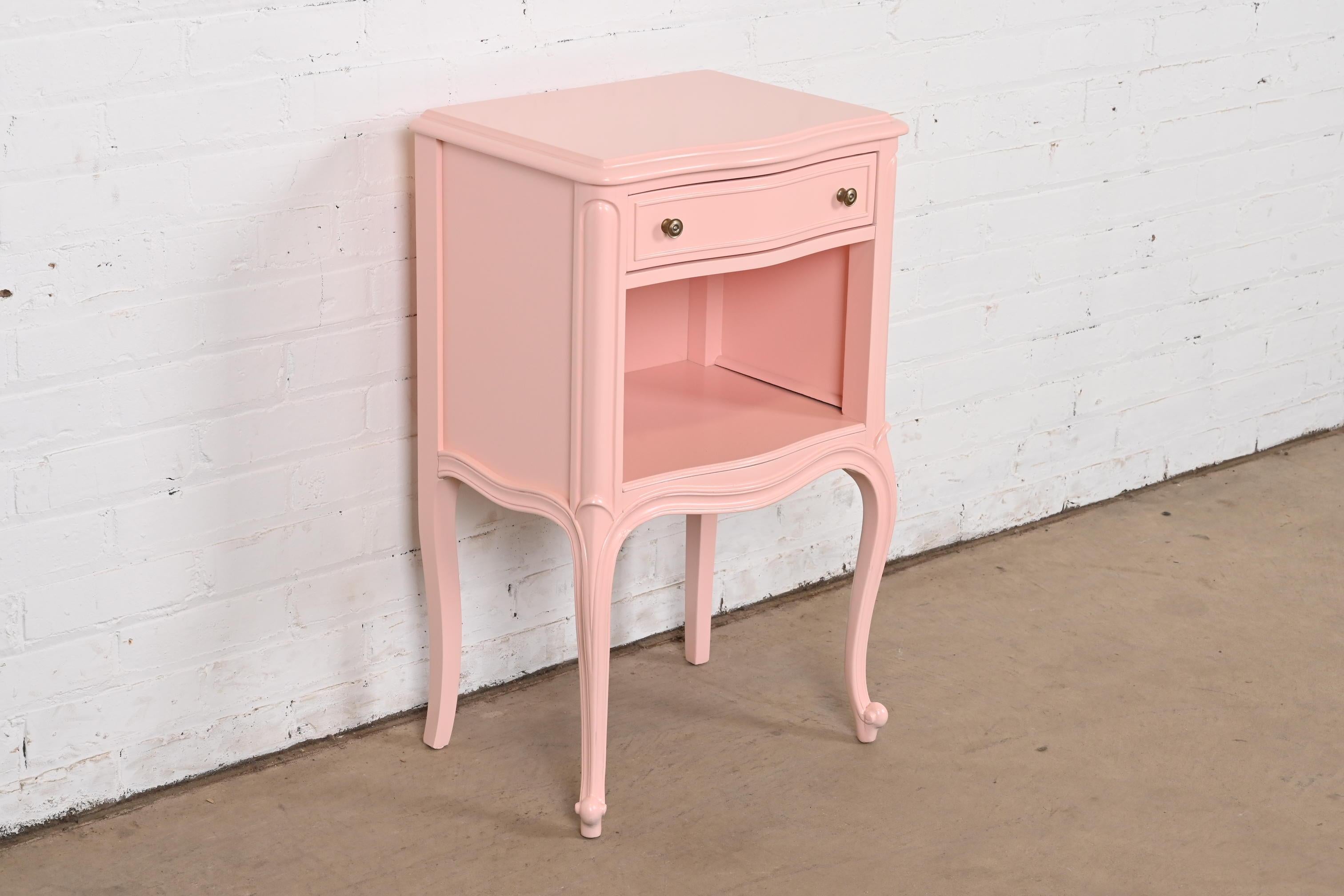 Brass Drexel French Provincial Louis XV Pink Lacquered Nightstand, Newly Refinished For Sale