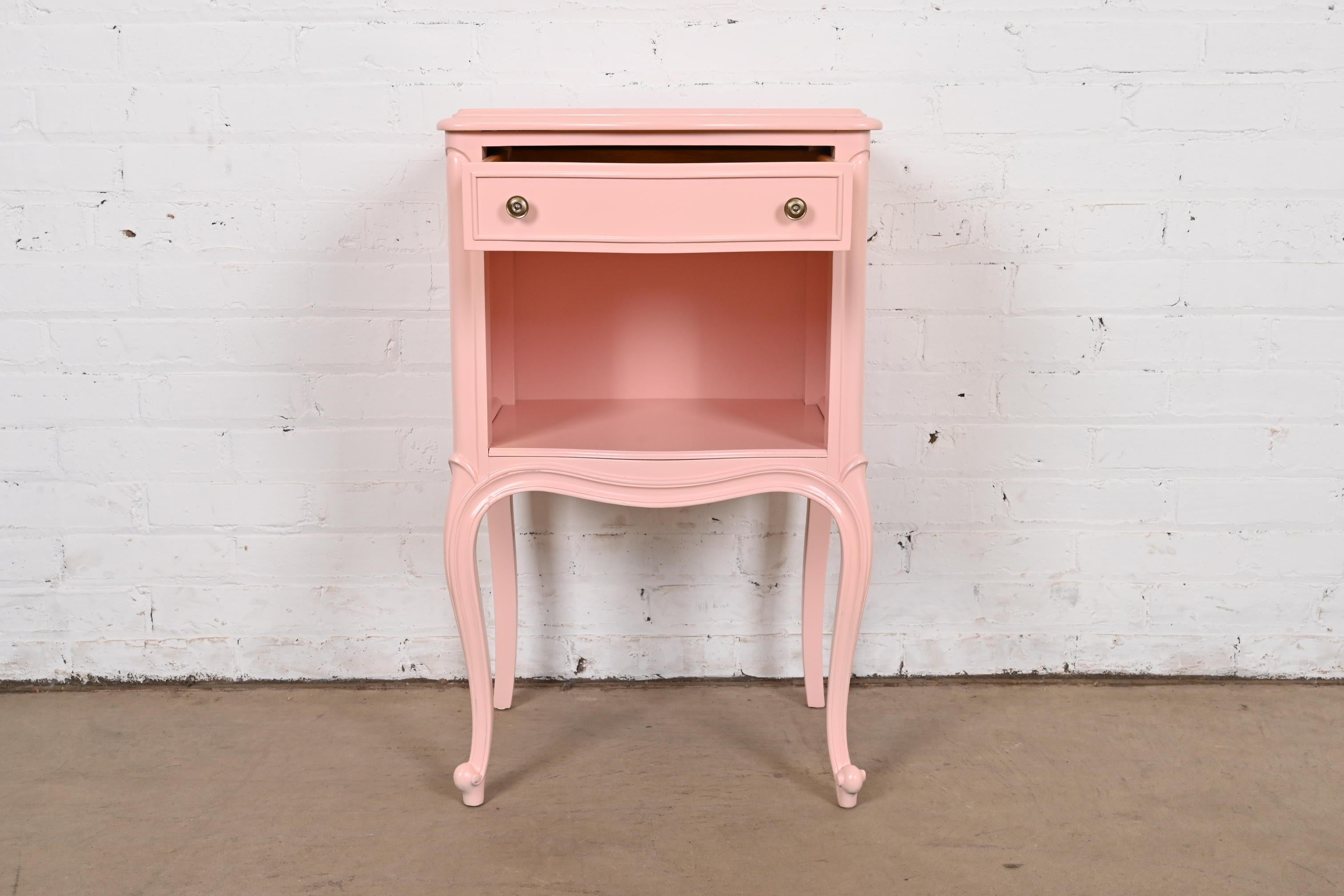 Drexel French Provincial Louis XV Pink Lacquered Nightstand, Newly Refinished For Sale 1