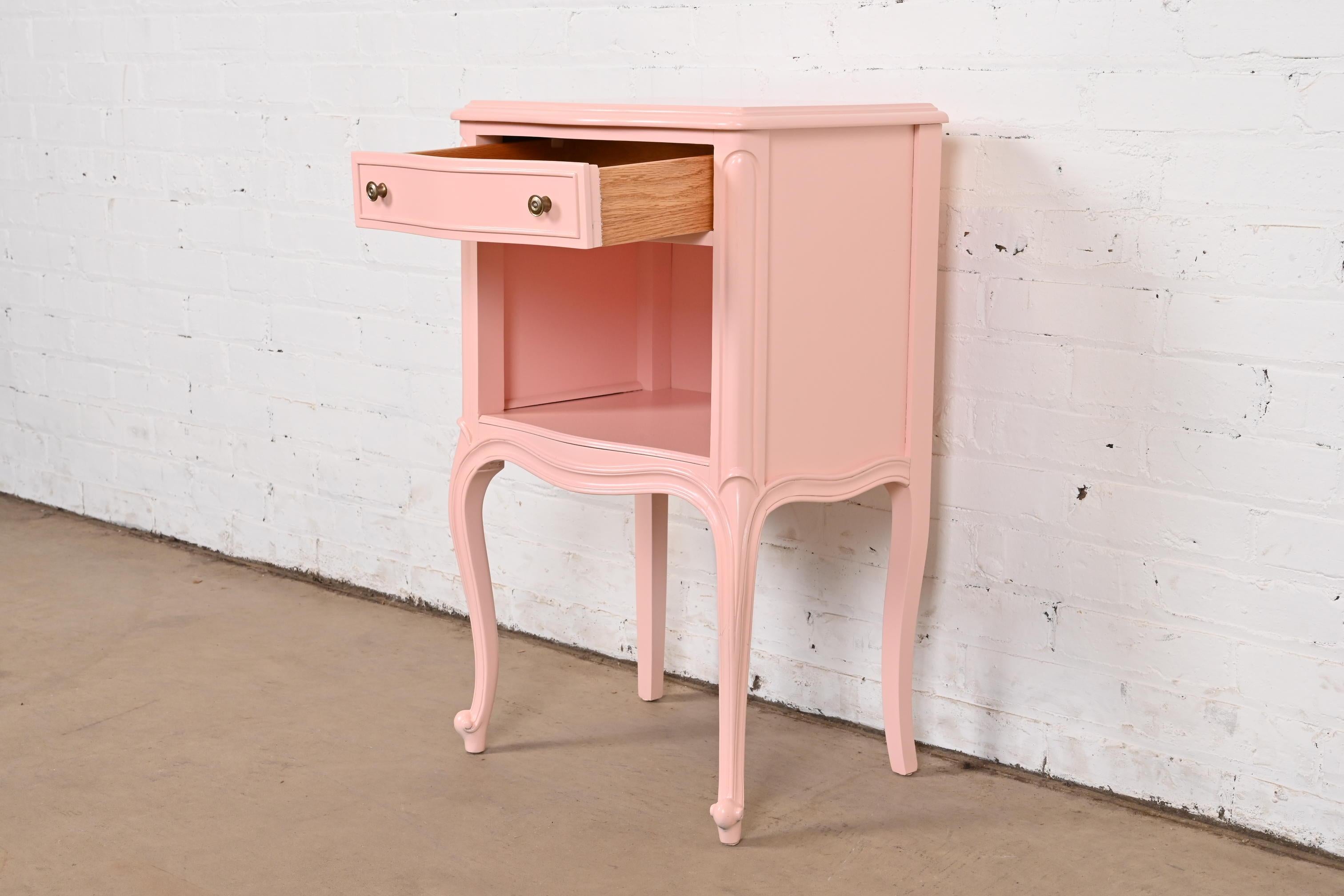 Drexel French Provincial Louis XV Pink Lacquered Nightstand, Newly Refinished For Sale 2