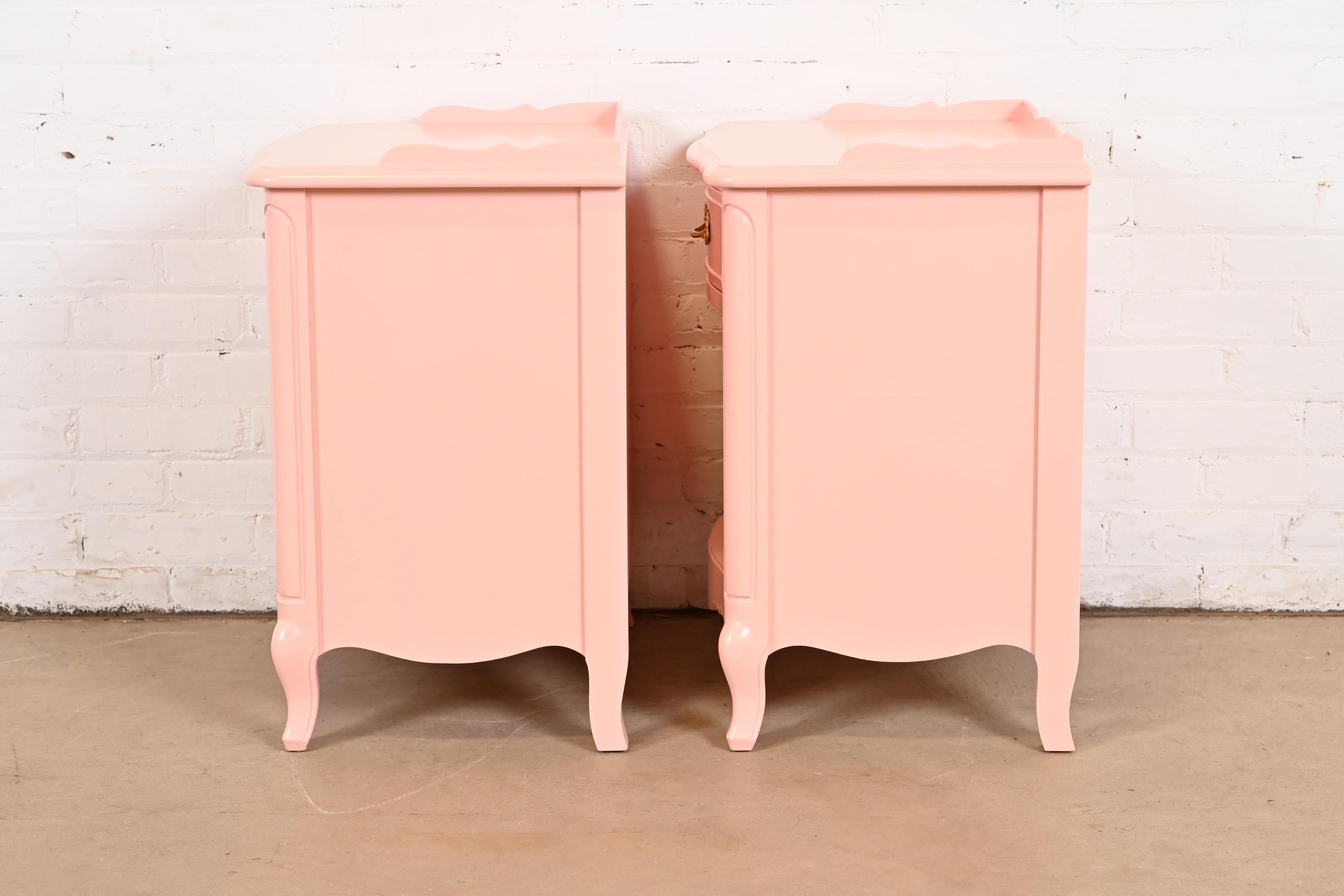 Drexel French Provincial Louis XV Pink Lacquered Nightstands, Newly Refinished For Sale 4