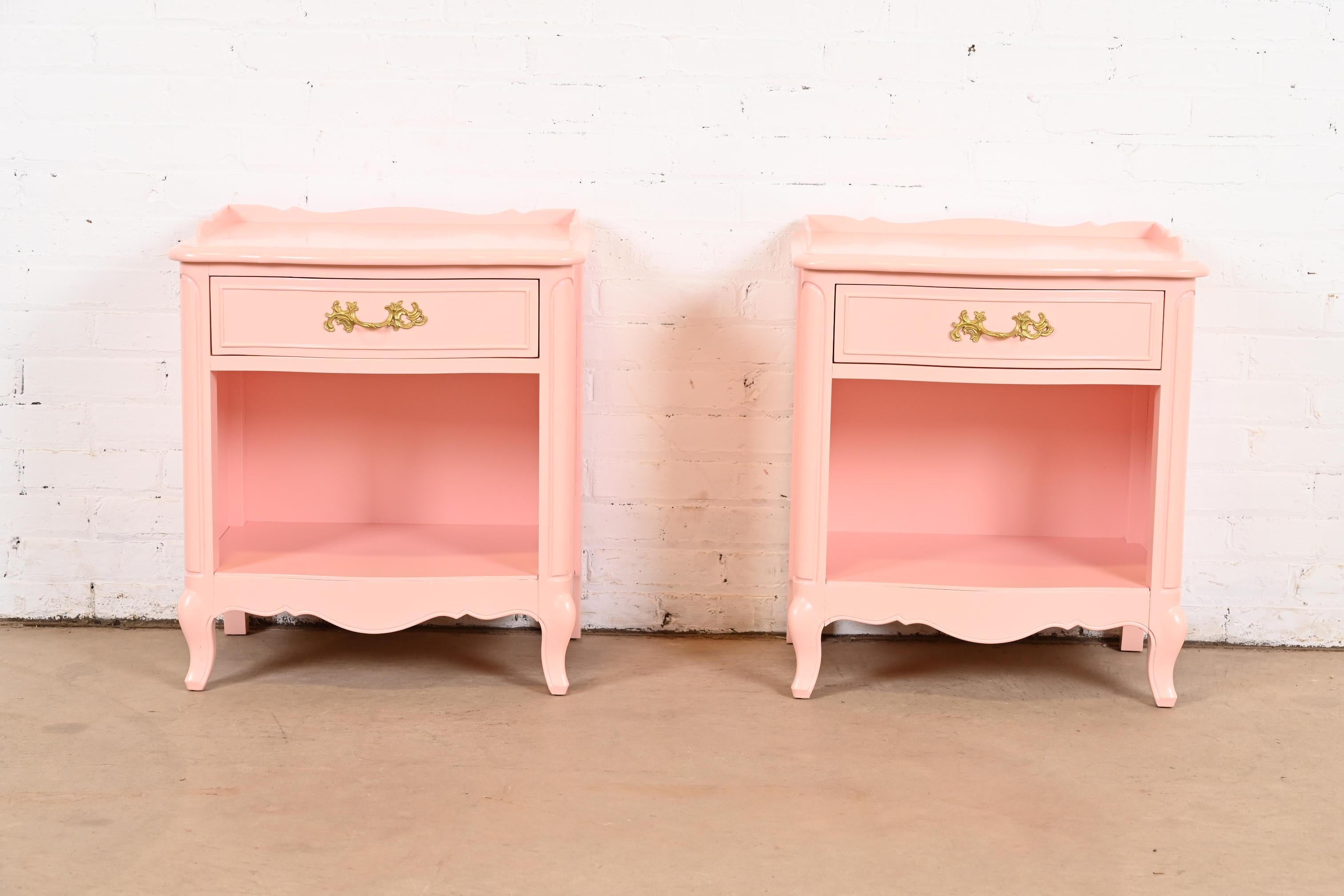 American Drexel French Provincial Louis XV Pink Lacquered Nightstands, Newly Refinished For Sale