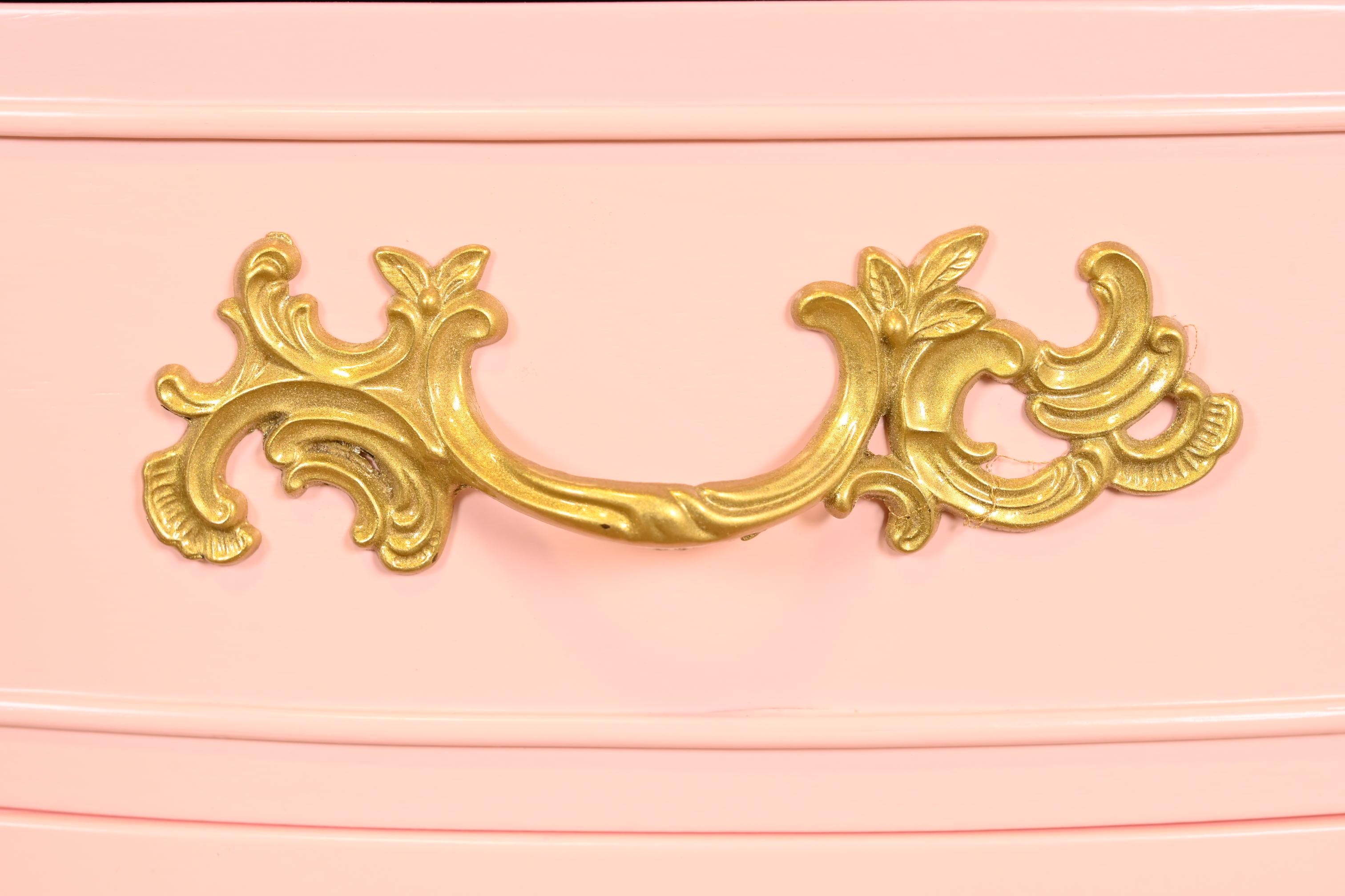 Drexel French Provincial Louis XV Pink Lacquered Nightstands, Newly Refinished For Sale 1