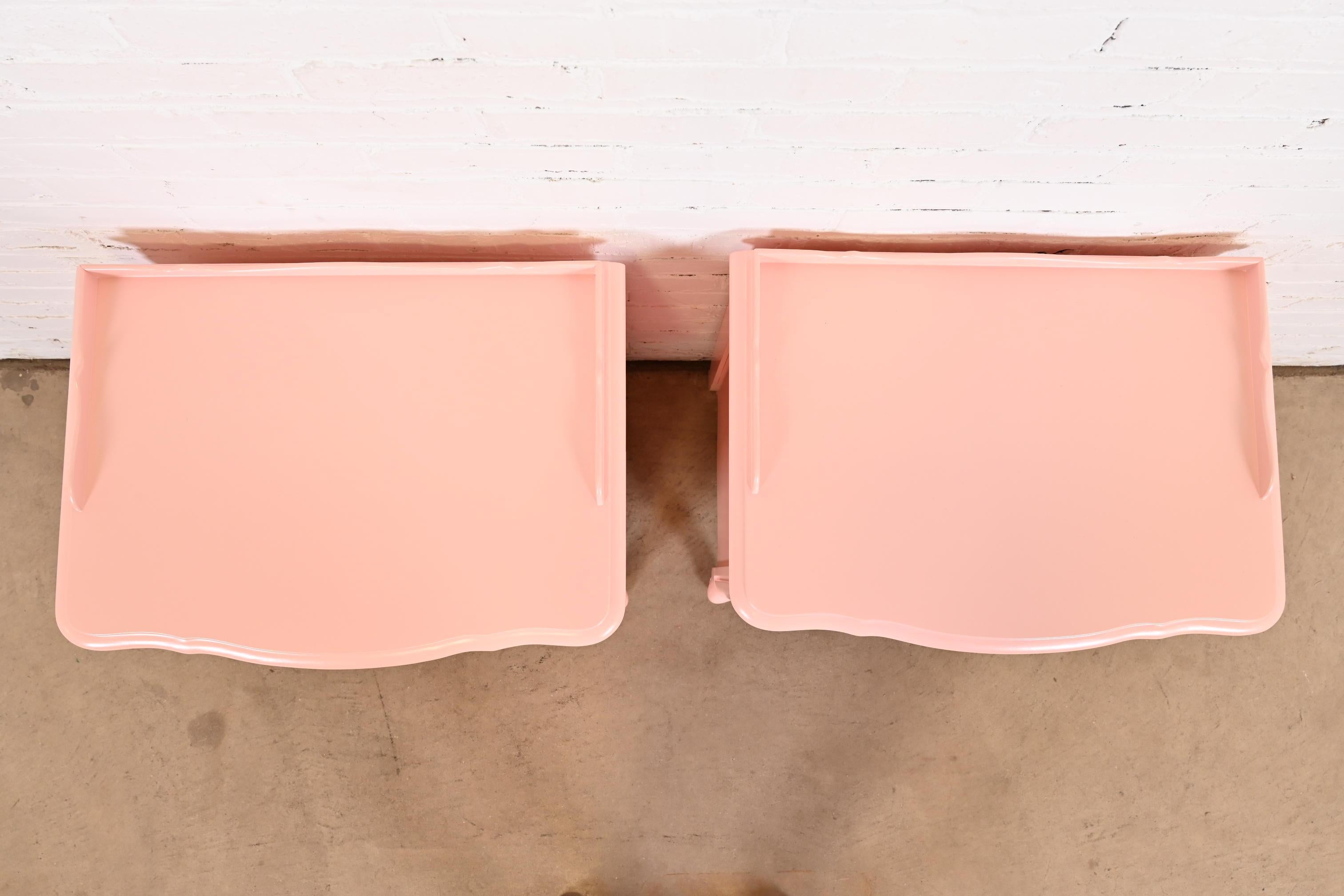 Drexel French Provincial Louis XV Pink Lacquered Nightstands, Newly Refinished For Sale 3