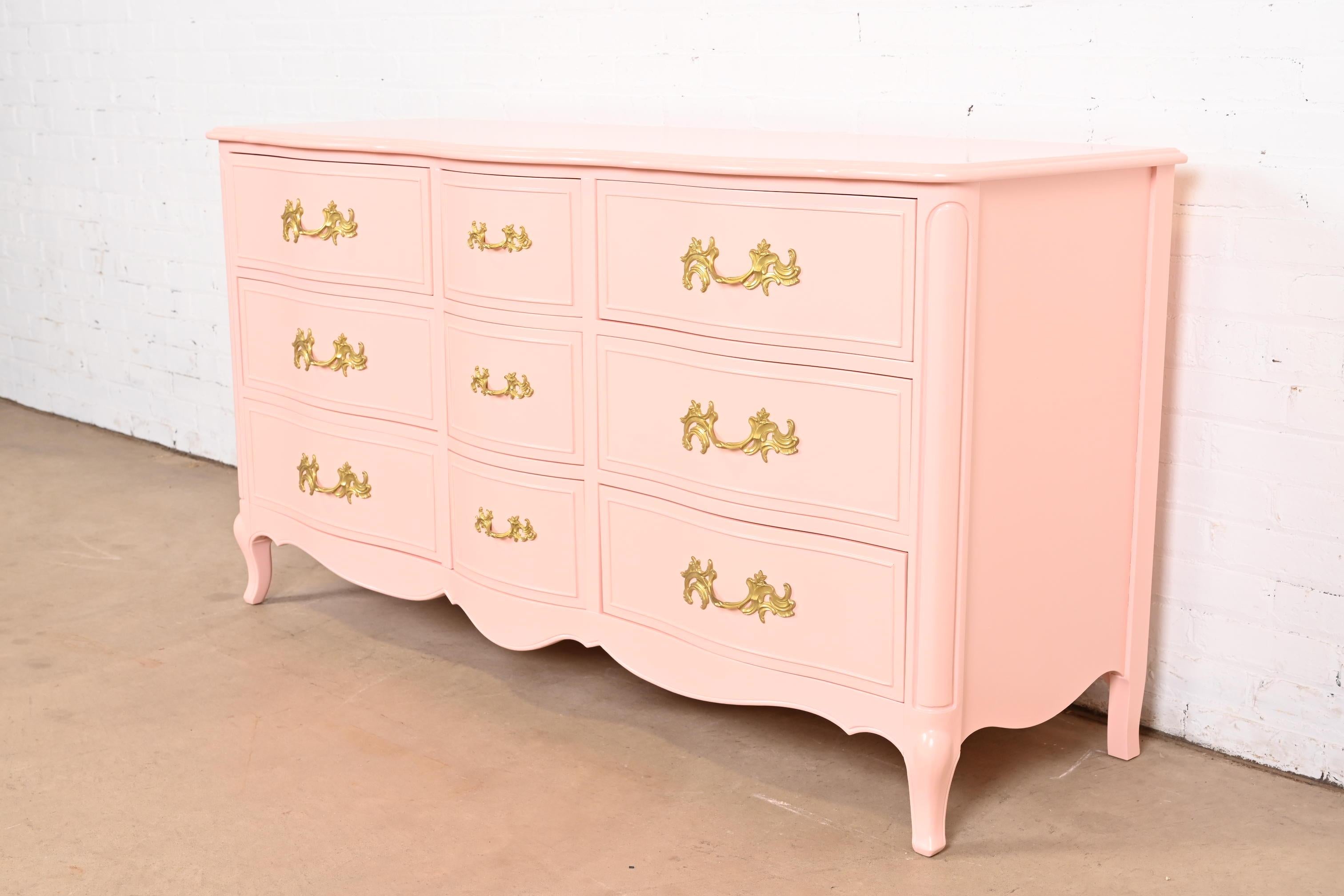 American Drexel French Provincial Louis XV Pink Lacquered Triple Dresser, Refinished