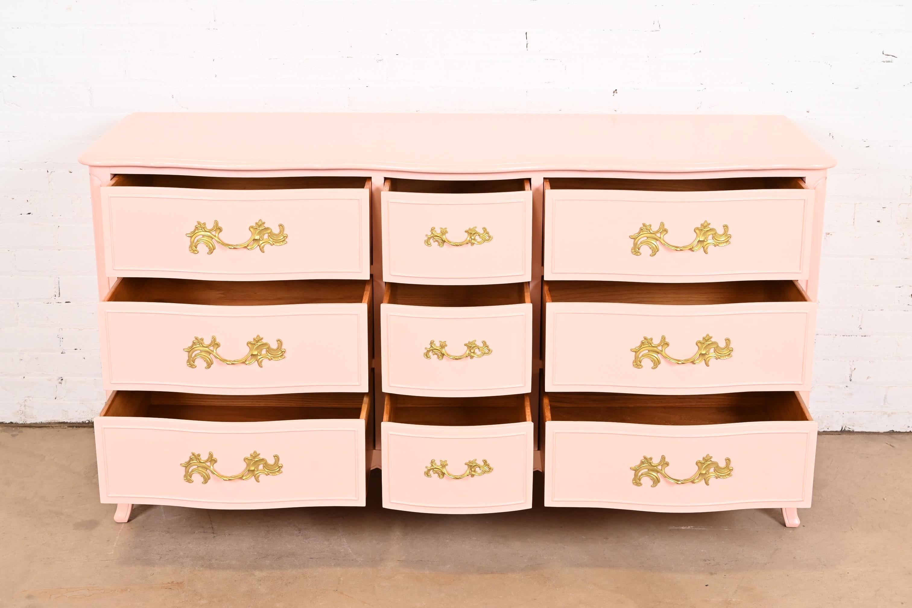 Mid-20th Century Drexel French Provincial Louis XV Pink Lacquered Triple Dresser, Refinished