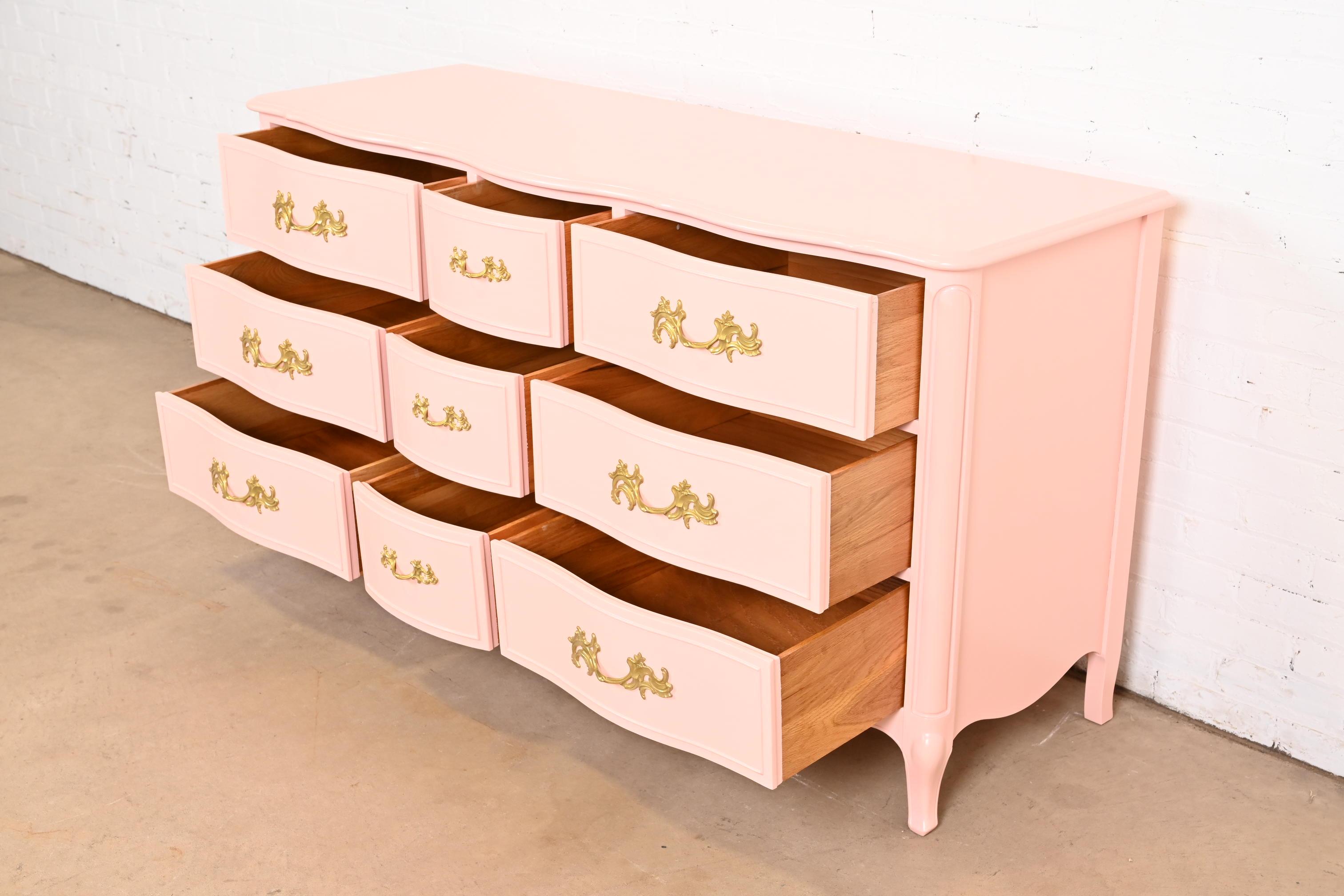 Brass Drexel French Provincial Louis XV Pink Lacquered Triple Dresser, Refinished