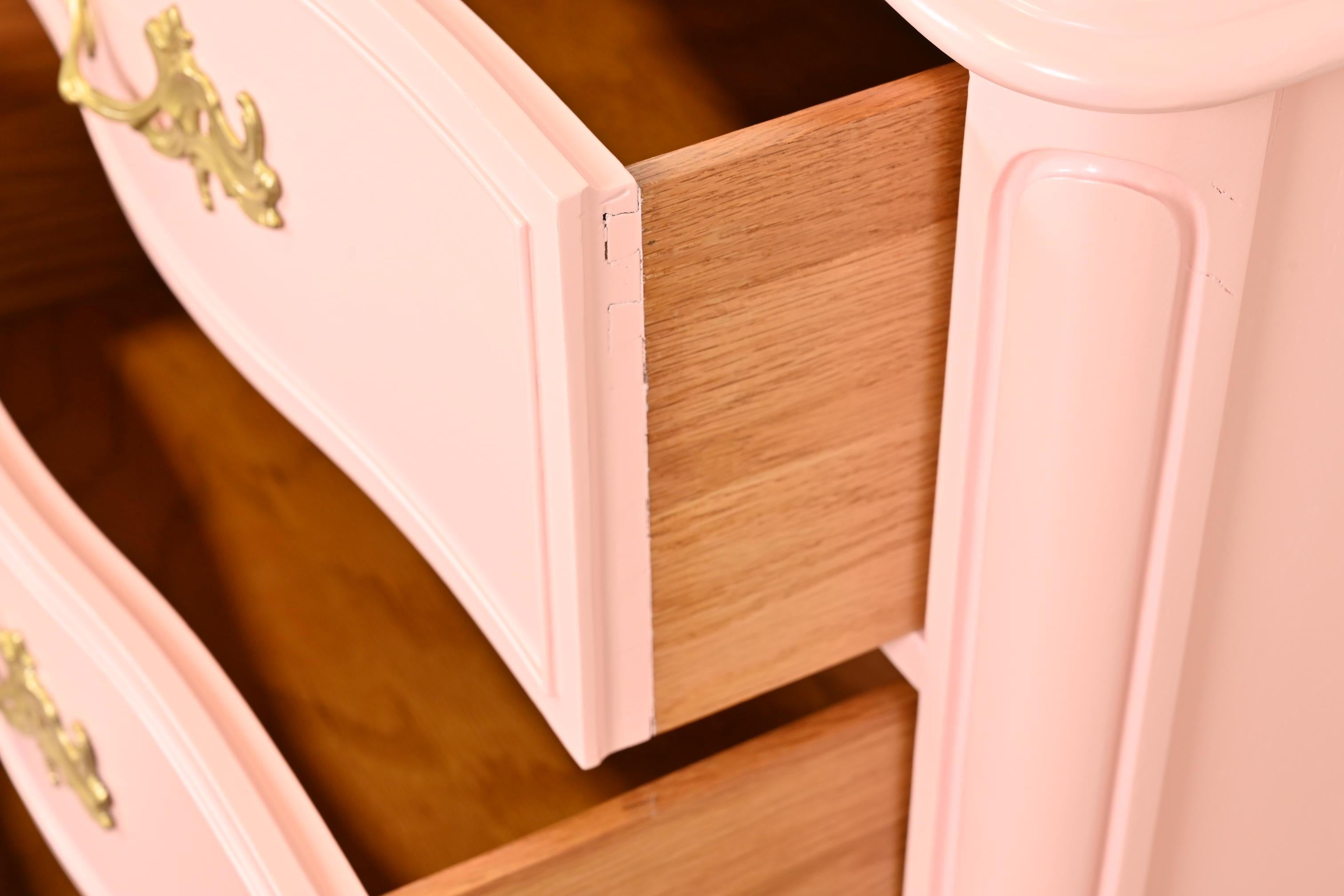 Drexel French Provincial Louis XV Pink Lacquered Triple Dresser, Refinished 1
