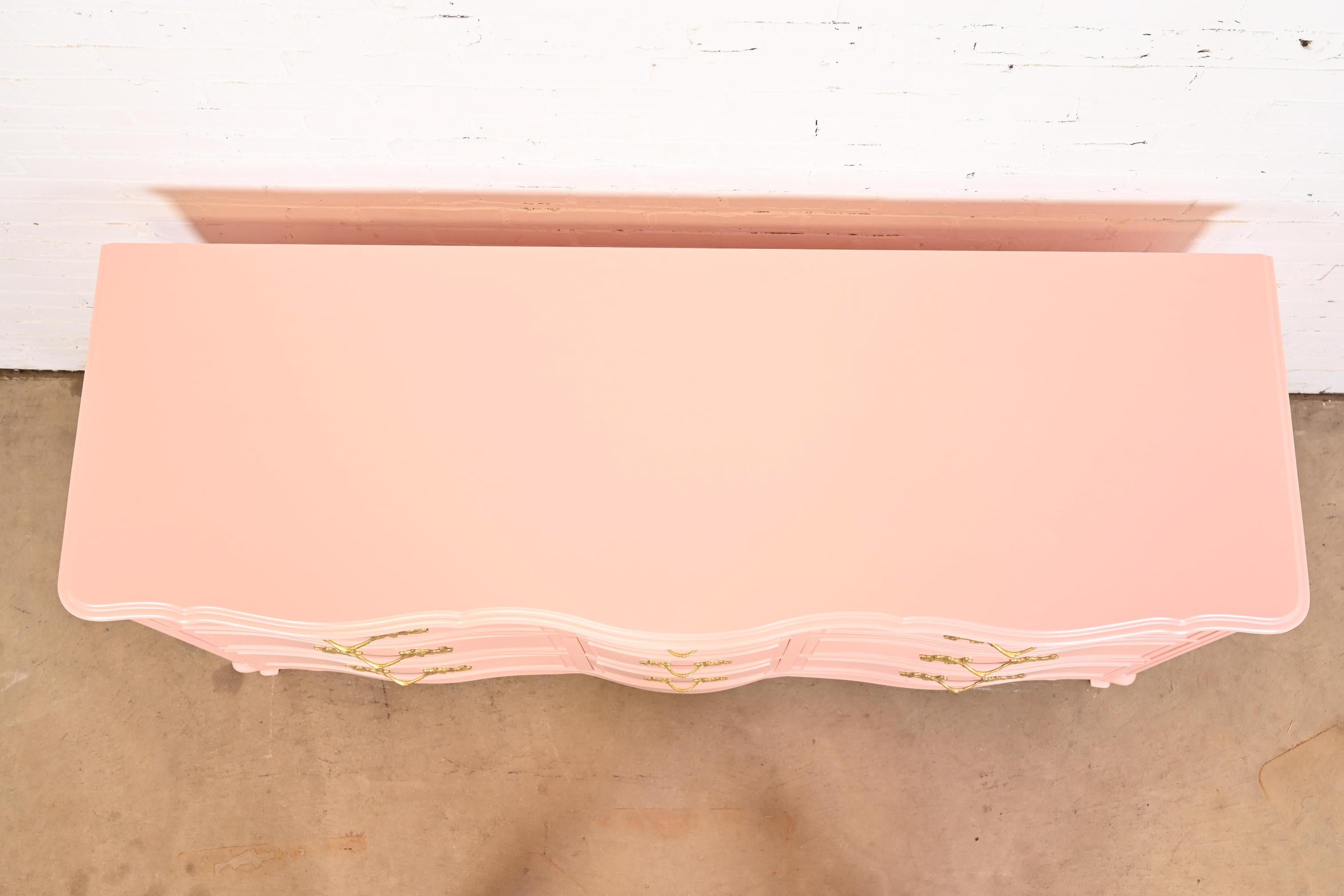 Drexel French Provincial Louis XV Pink Lacquered Triple Dresser, Refinished 3