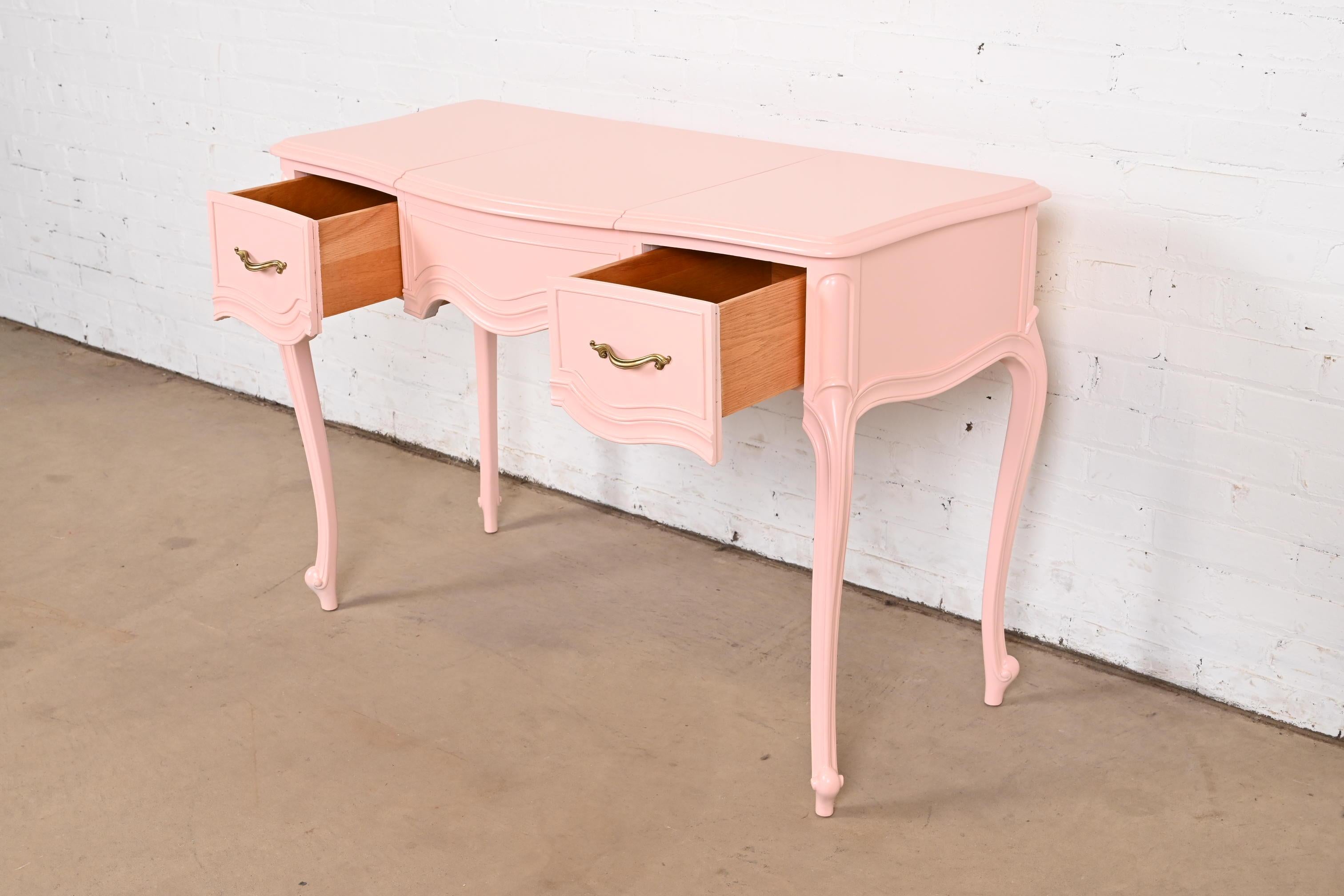 Drexel French Provincial Louis XV Pink Lacquered Vanity With Flip Up Mirror For Sale 4