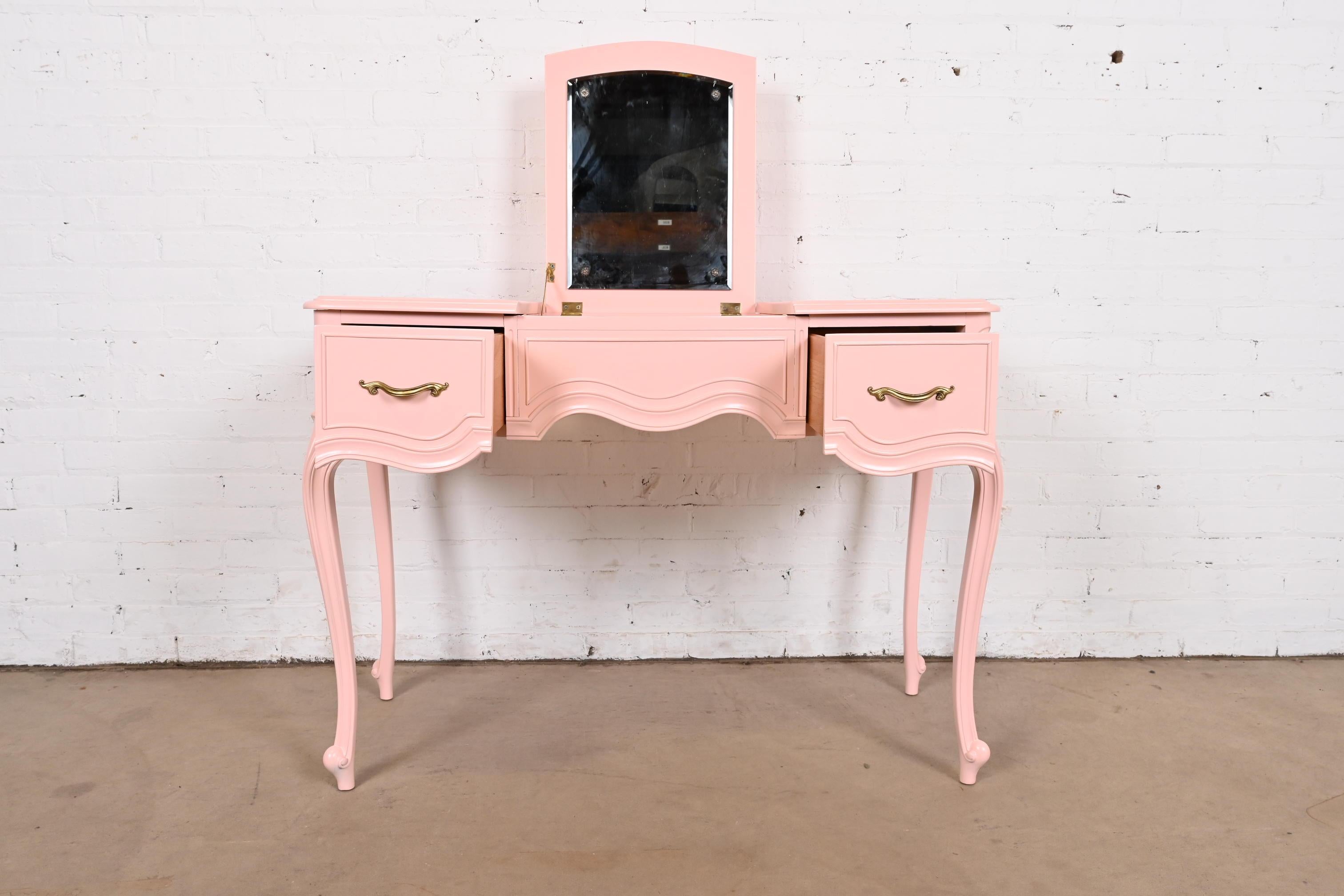 Drexel French Provincial Louis XV Pink Lacquered Vanity With Flip Up Mirror For Sale 7