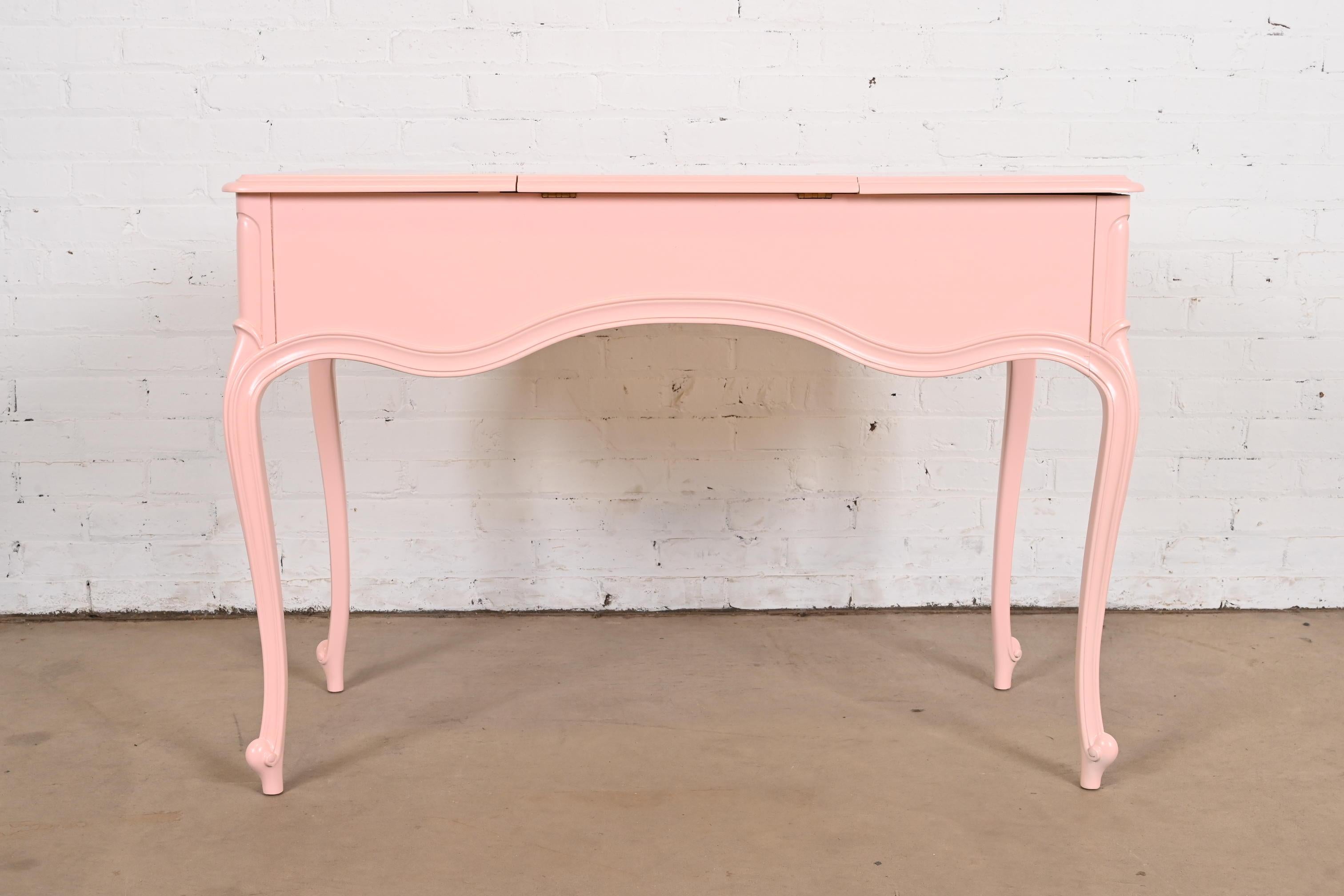 Drexel French Provincial Louis XV Pink Lacquered Vanity With Flip Up Mirror For Sale 10