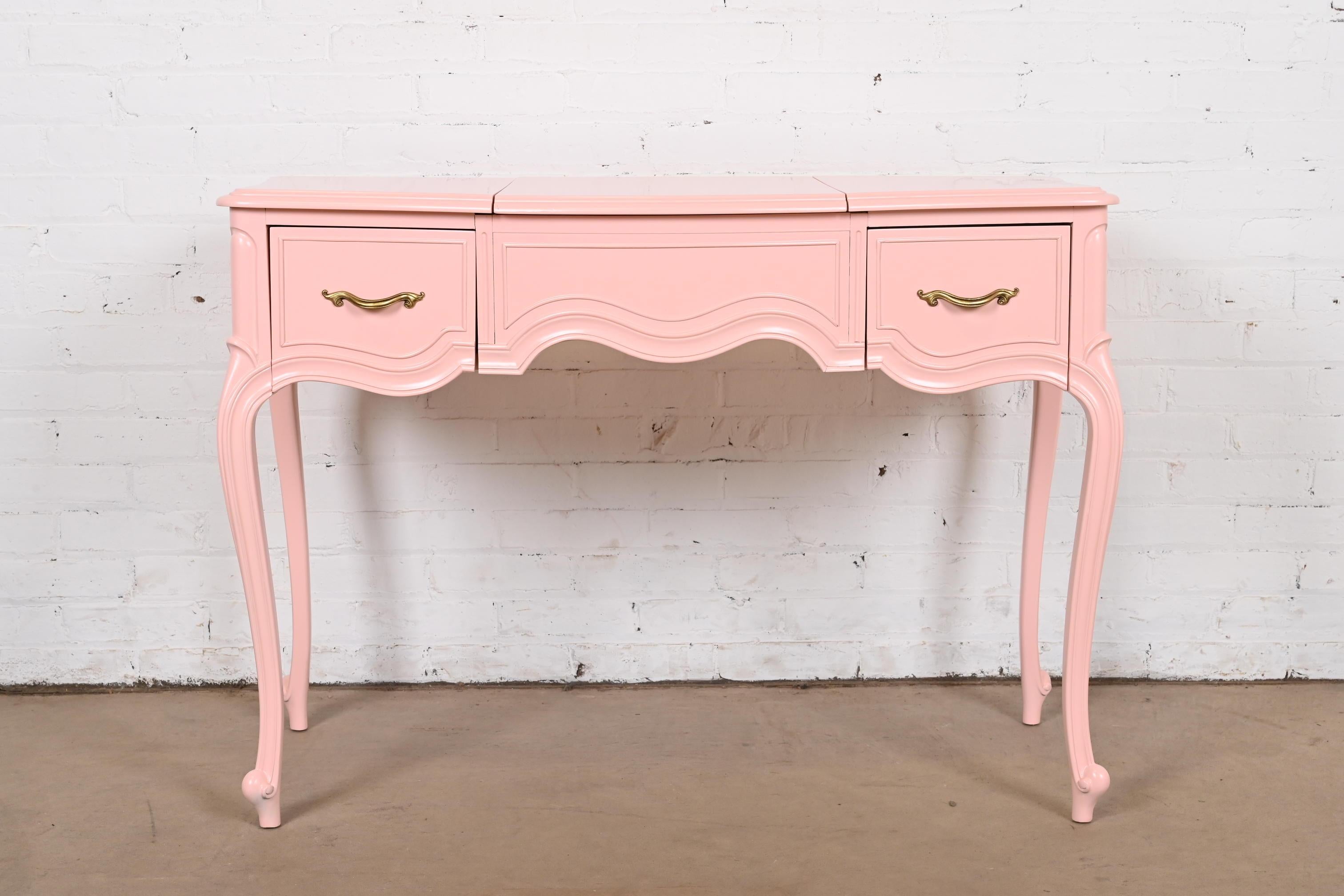 American Drexel French Provincial Louis XV Pink Lacquered Vanity With Flip Up Mirror For Sale