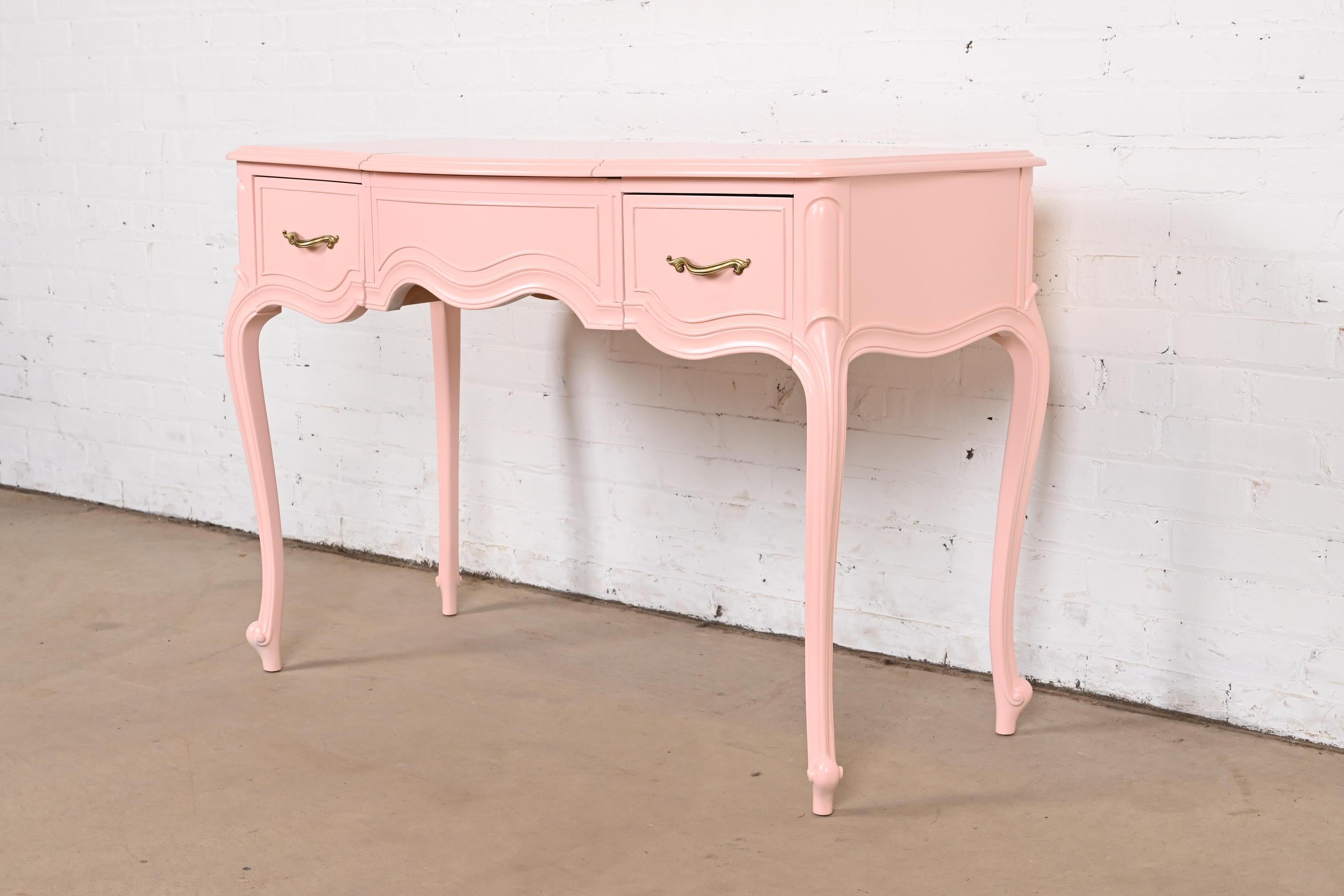 Mid-20th Century Drexel French Provincial Louis XV Pink Lacquered Vanity With Flip Up Mirror For Sale