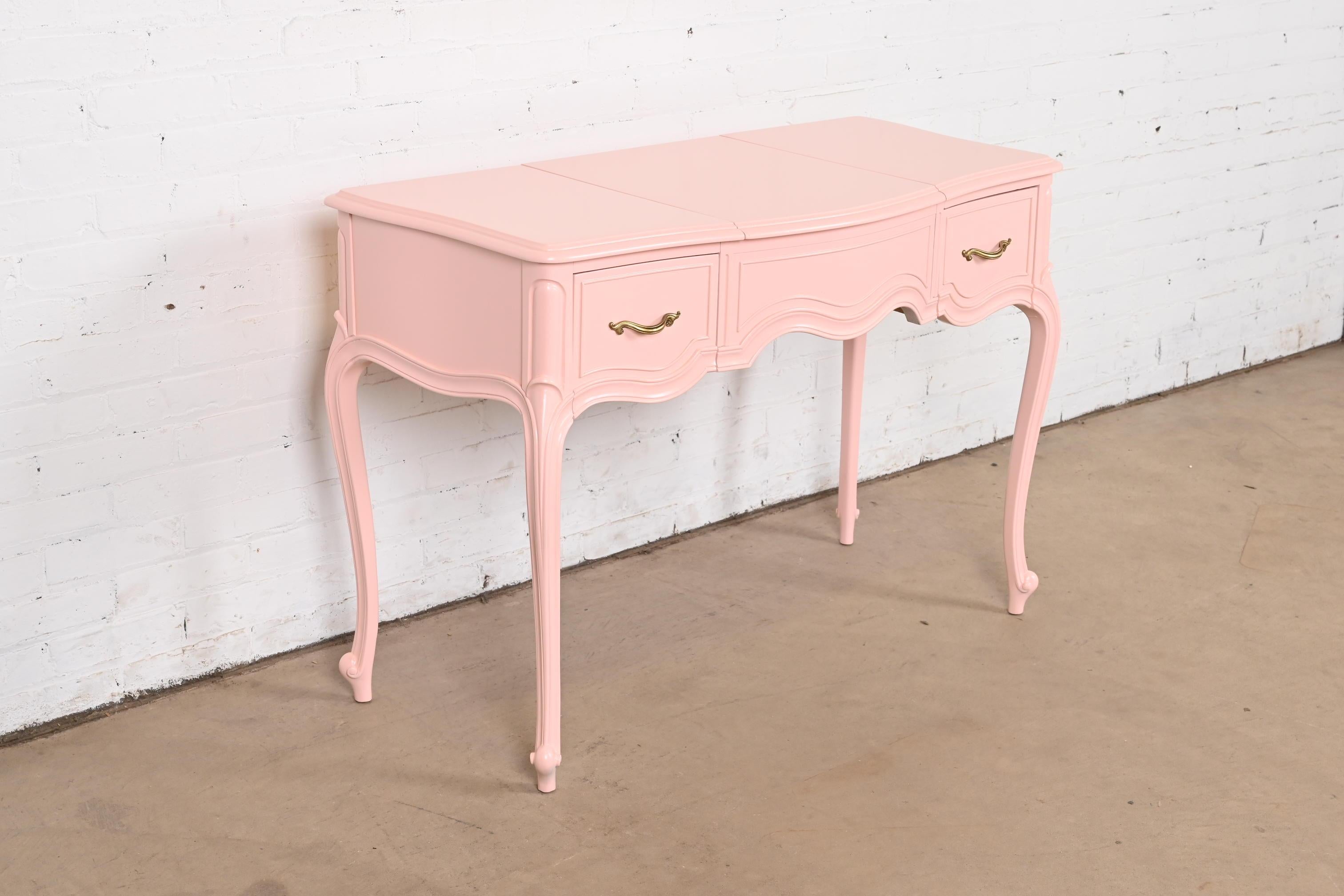 Brass Drexel French Provincial Louis XV Pink Lacquered Vanity With Flip Up Mirror For Sale