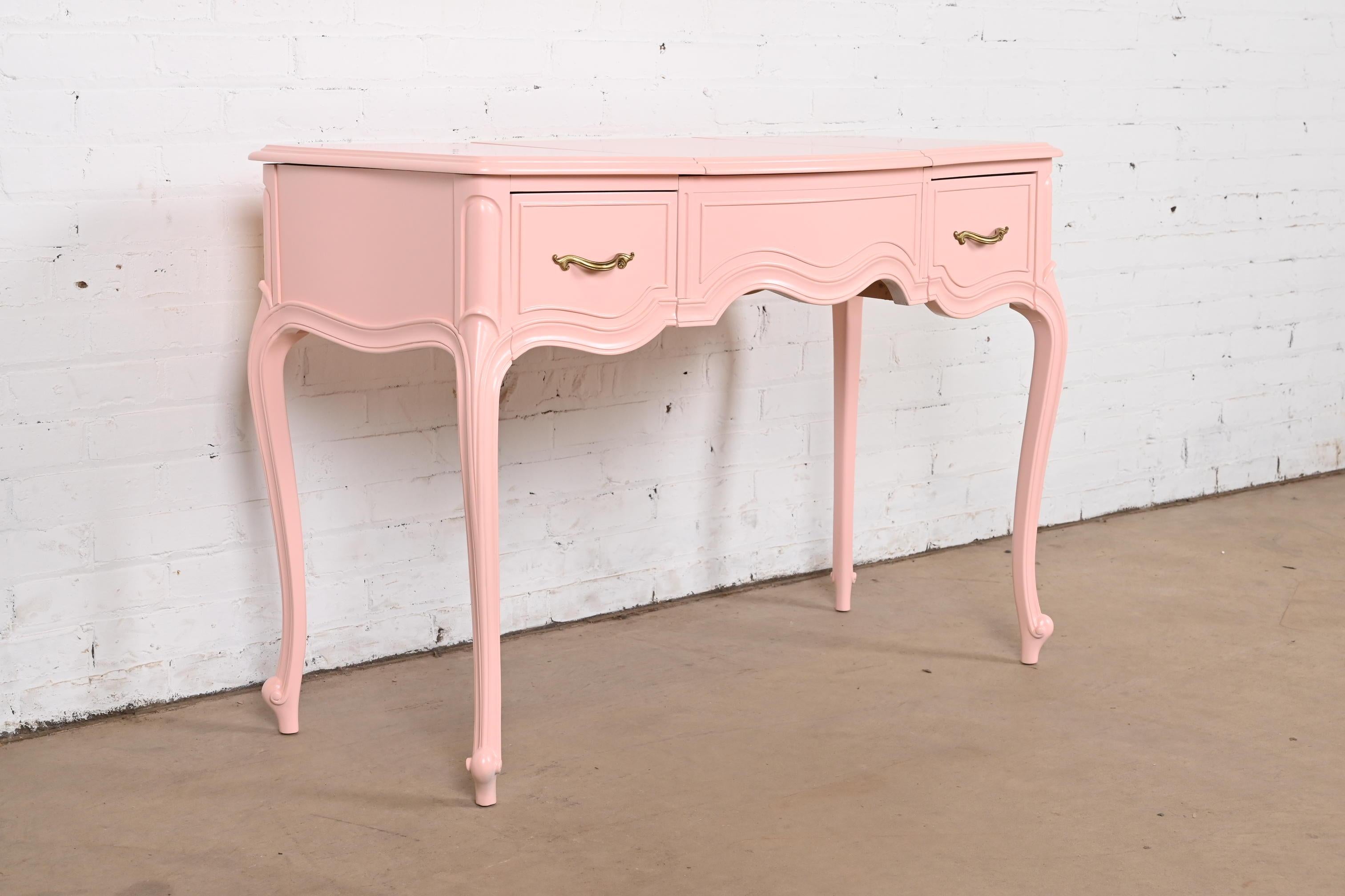 Drexel French Provincial Louis XV Pink Lacquered Vanity With Flip Up Mirror For Sale 1