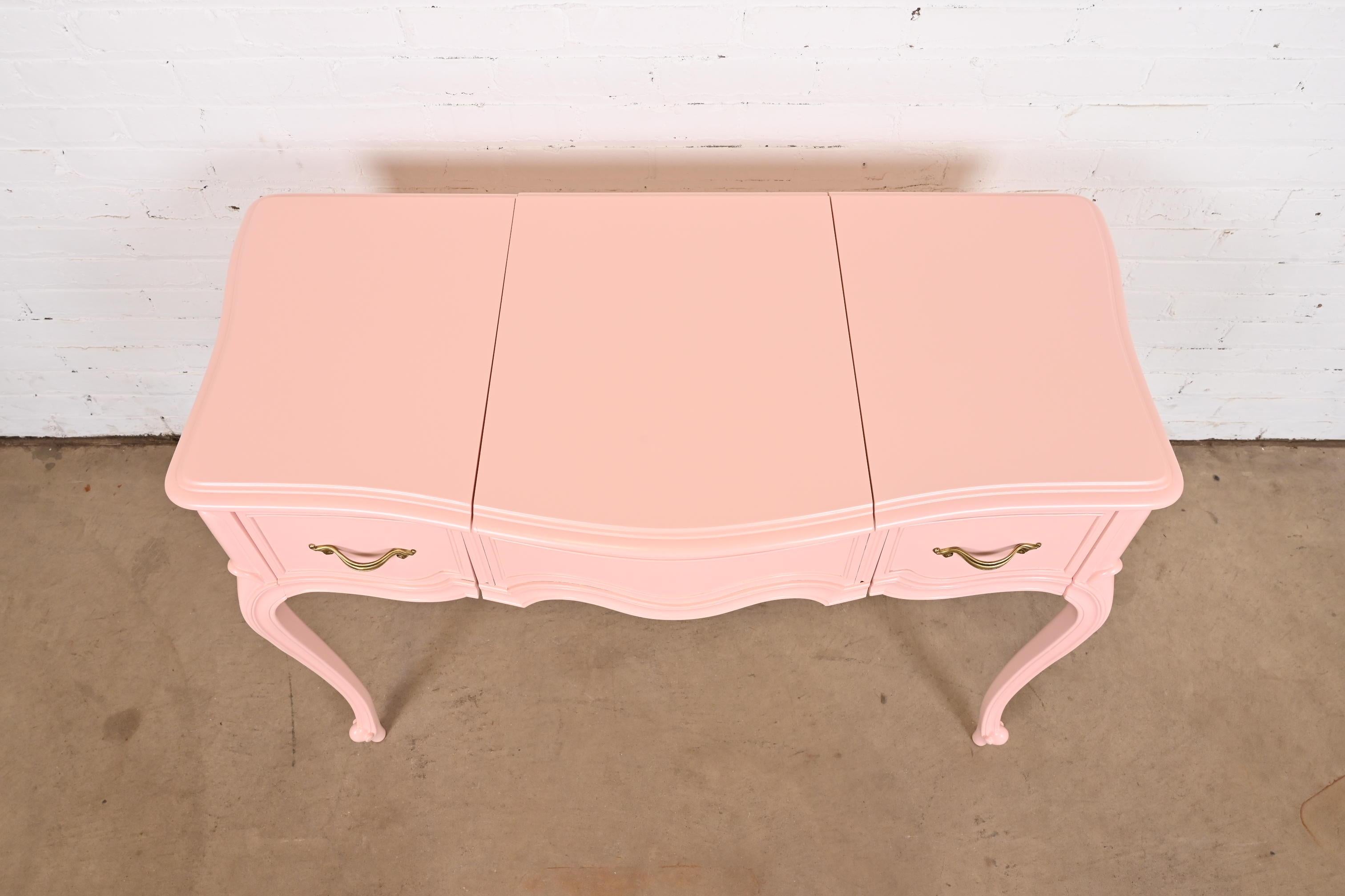 Drexel French Provincial Louis XV Pink Lacquered Vanity With Flip Up Mirror For Sale 2