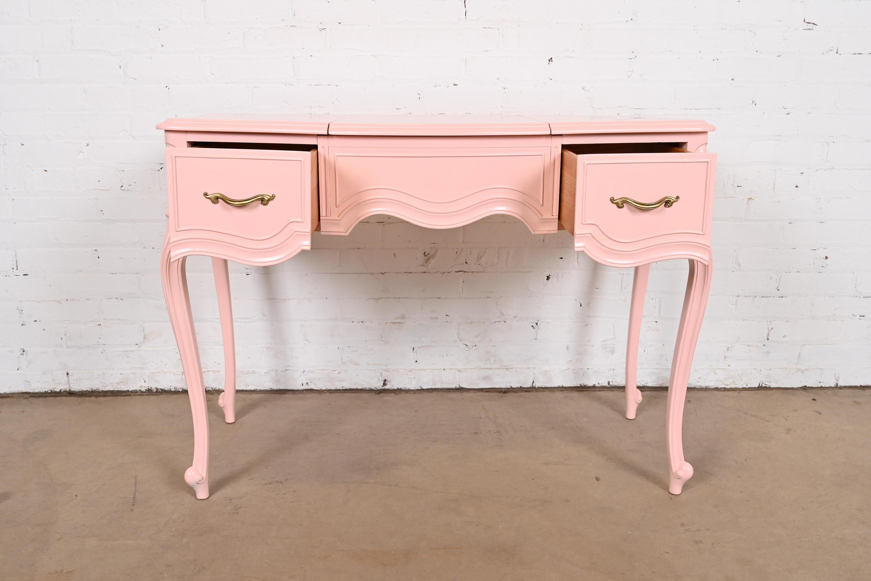 Drexel French Provincial Louis XV Pink Lacquered Vanity With Flip Up Mirror For Sale 3