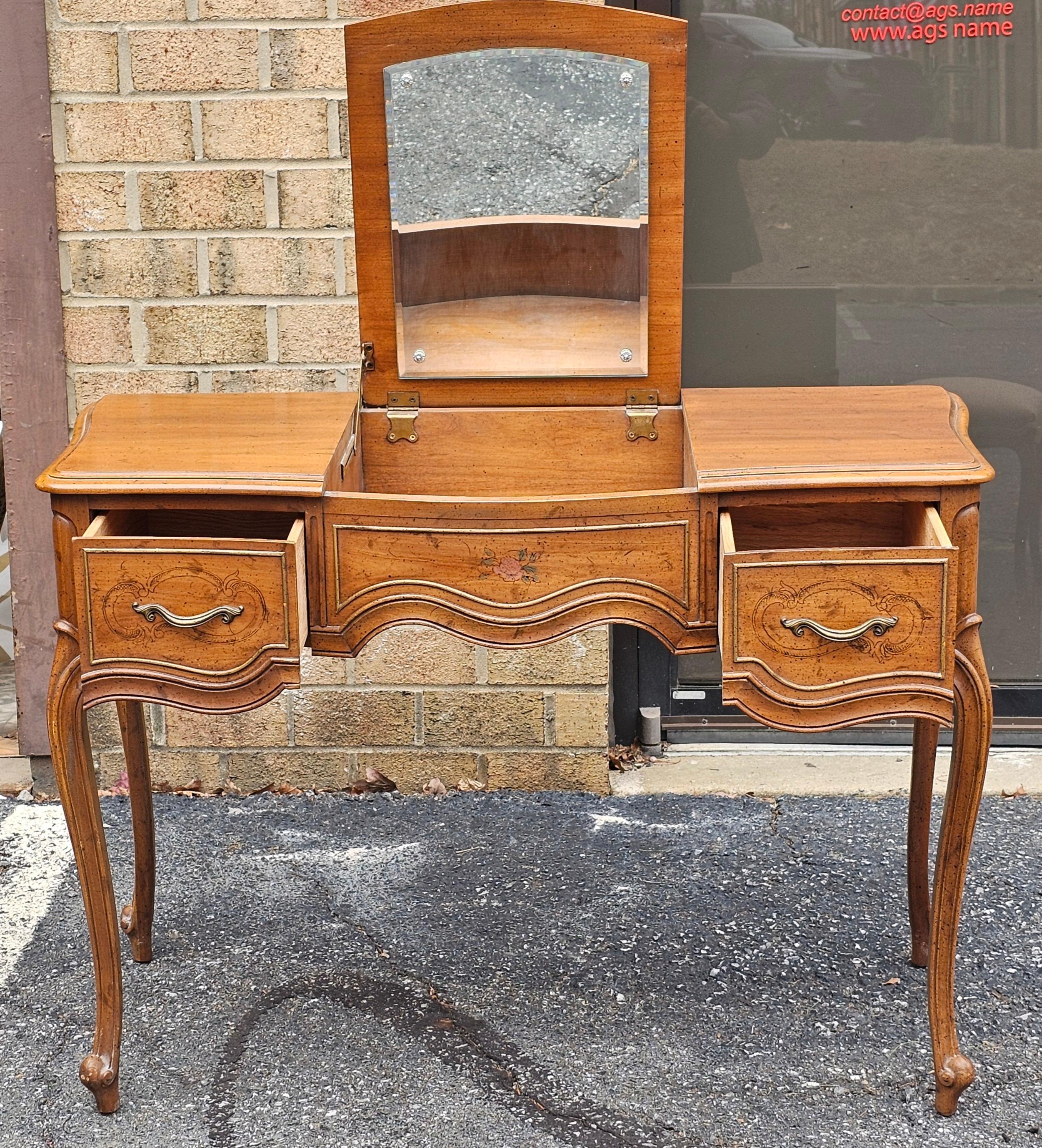 Drexel French Provincial Style Walnut Mirrored Vanity Table with Bench For Sale 3